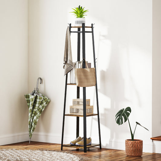 HOMCOM Compact Freestanding Coat Rack With Eight Double Hooks And Four Shelves Corner Fit Black And Brown