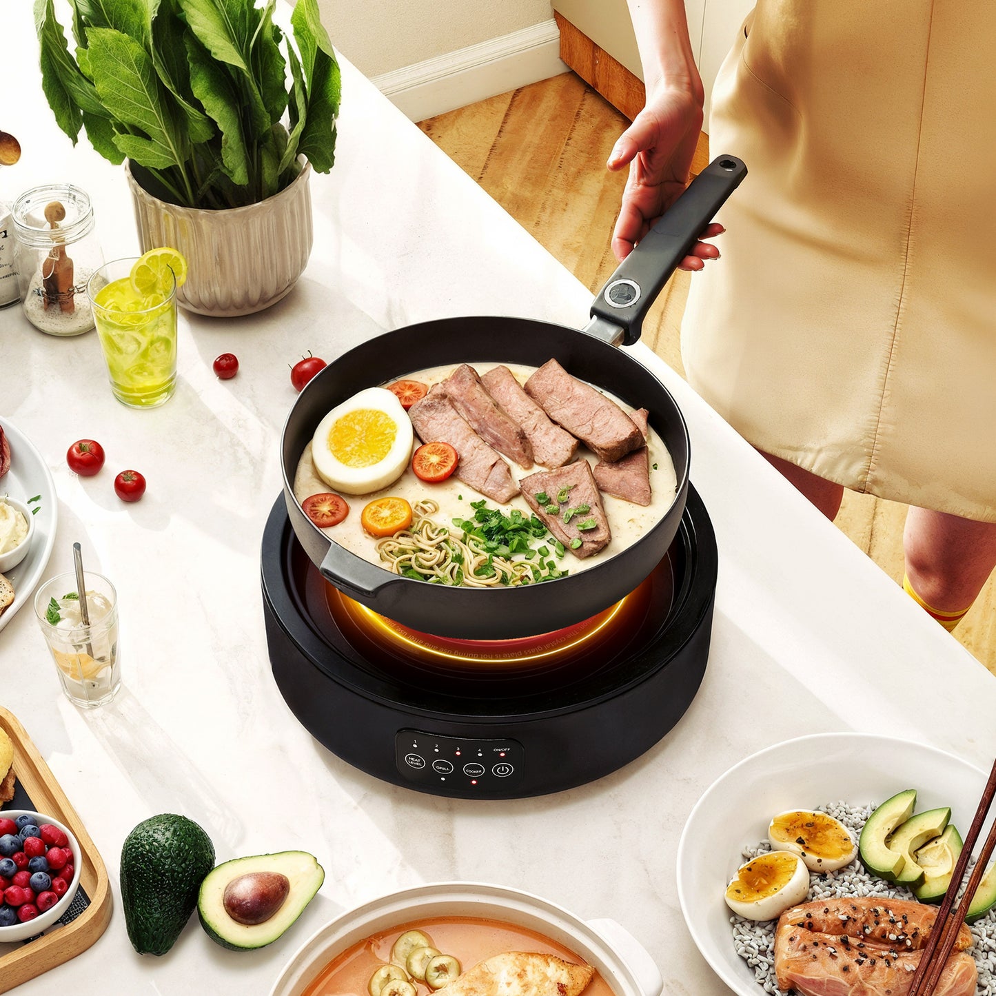 HOMCOM Electric Ceramic Hob With Grill Plate Dual Mode 36cm Plug In Hot Plate With 4 Heat Levels For All Type Pots