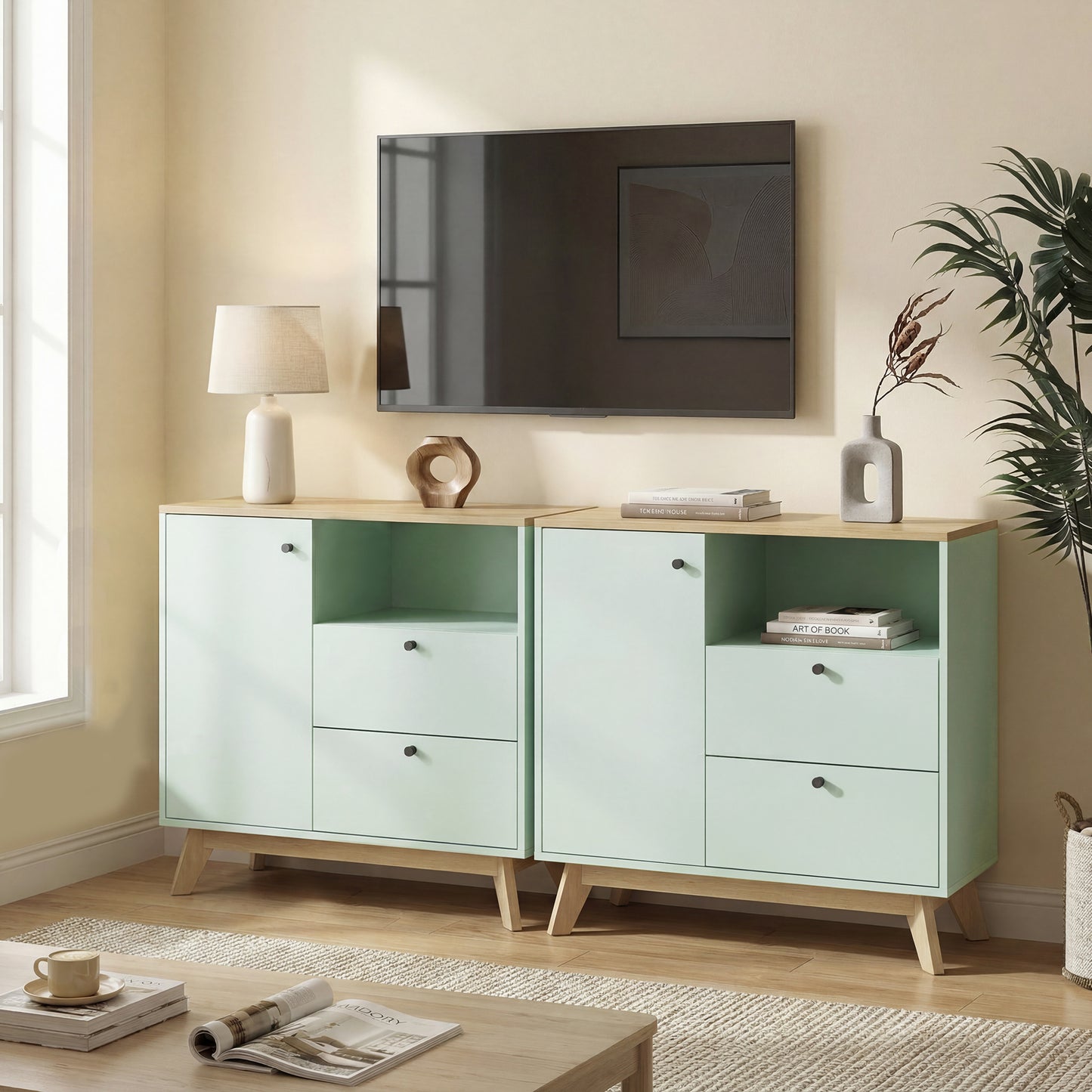 HOMCOM Light Green And Oak Sideboard Storage Cabinet 80 Cm Buffet With 2 Drawers Open Compartment Adjustable Shelf