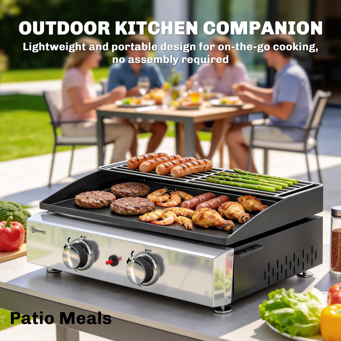 Outsunny Two Burner Grill Griddle Portable Gas Plancha With Warming Rack 5 Kilowatt Tabletop Gas BBQ Grease Cup Black