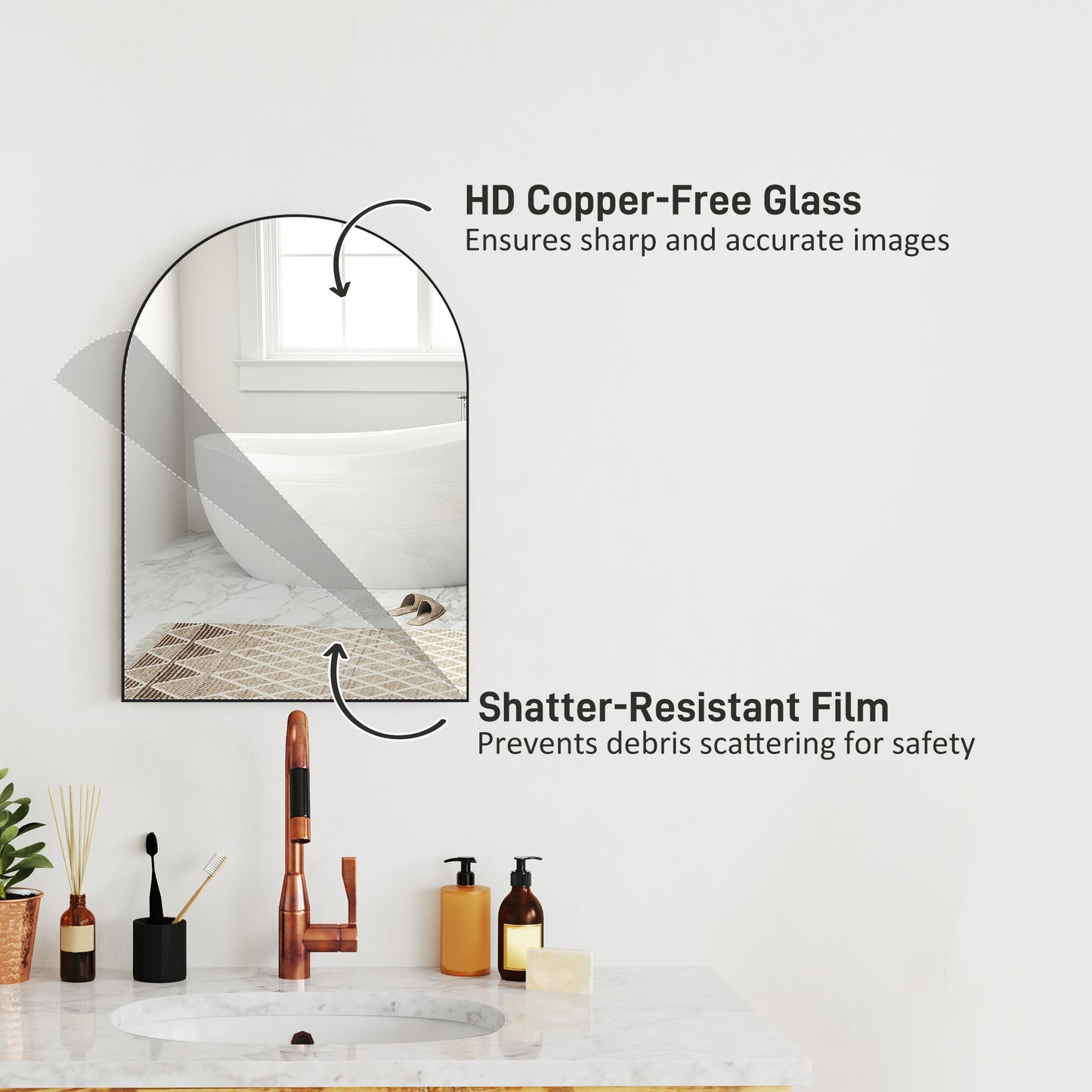 HOMCOM 50 x 70cm Arched Mirror Black With HD Glass And Shatter Resistant Film Powder Coated Frame