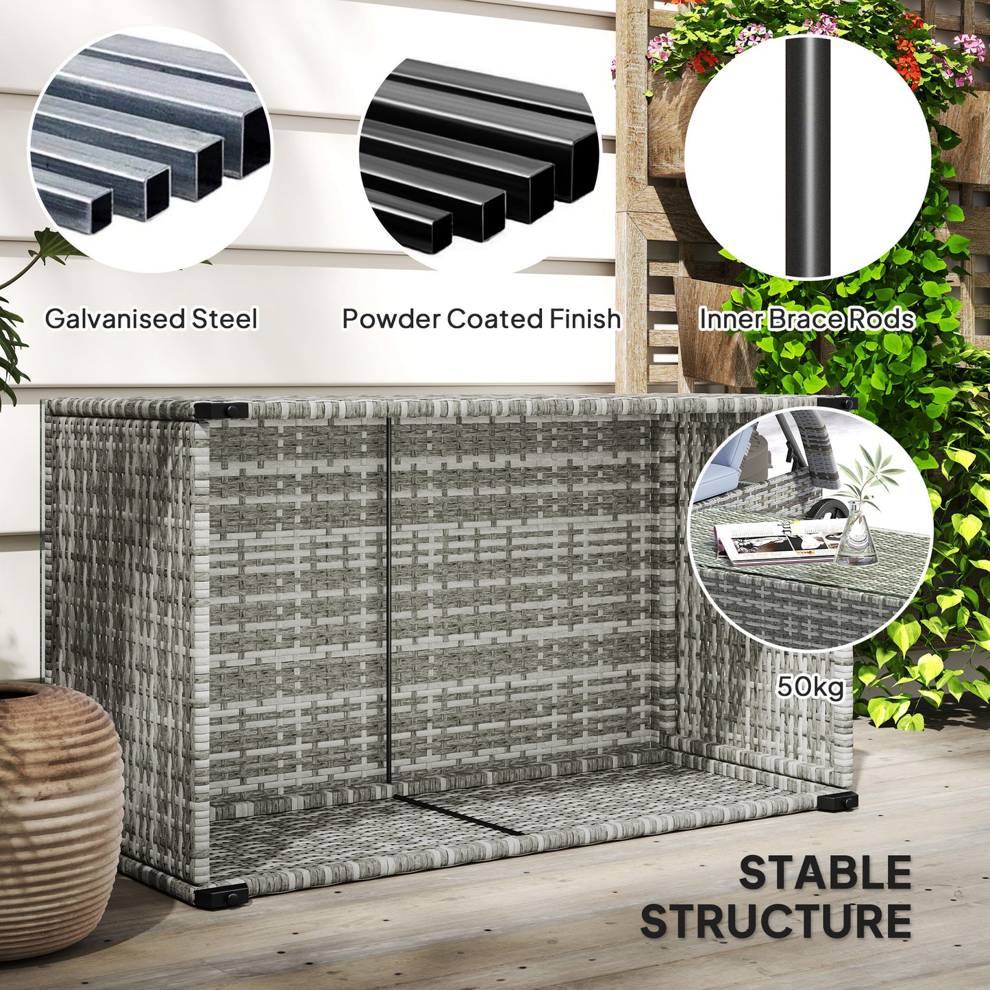 Outsunny 90 x 50 cm Tempered Glass Top Rattan Side Table Light Grey Garden Furniture