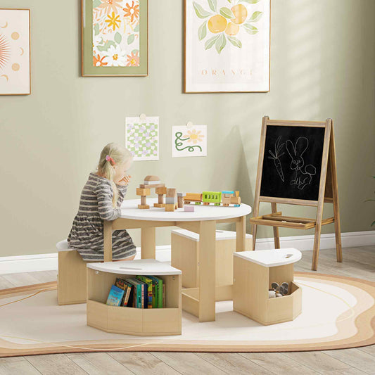 AIYAPLAY Five Piece Kids Table And Chairs Set With Storage For Ages 3 To 8 White