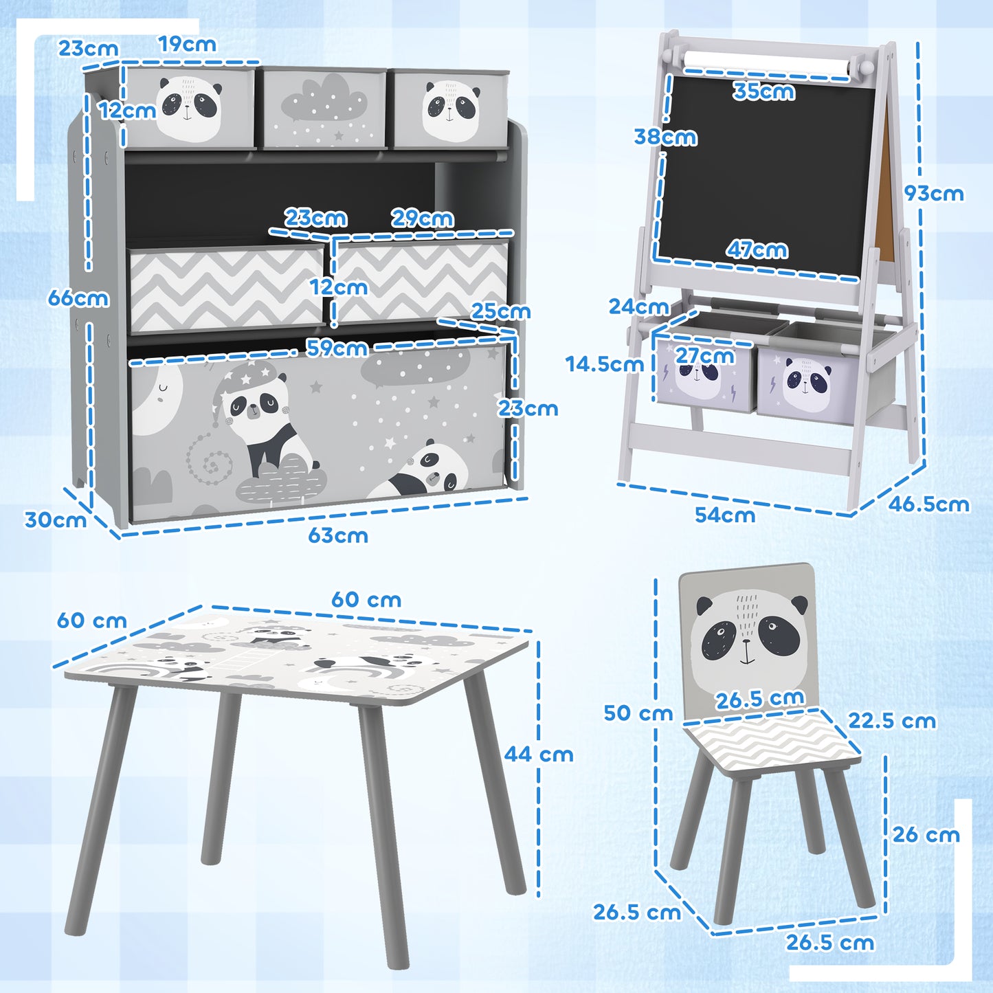 Zonekiz Kids Table And Chairs With Storage Unit And Easel Set, Cute Animal Design Activity Furniture For Ages 3-8 Grey