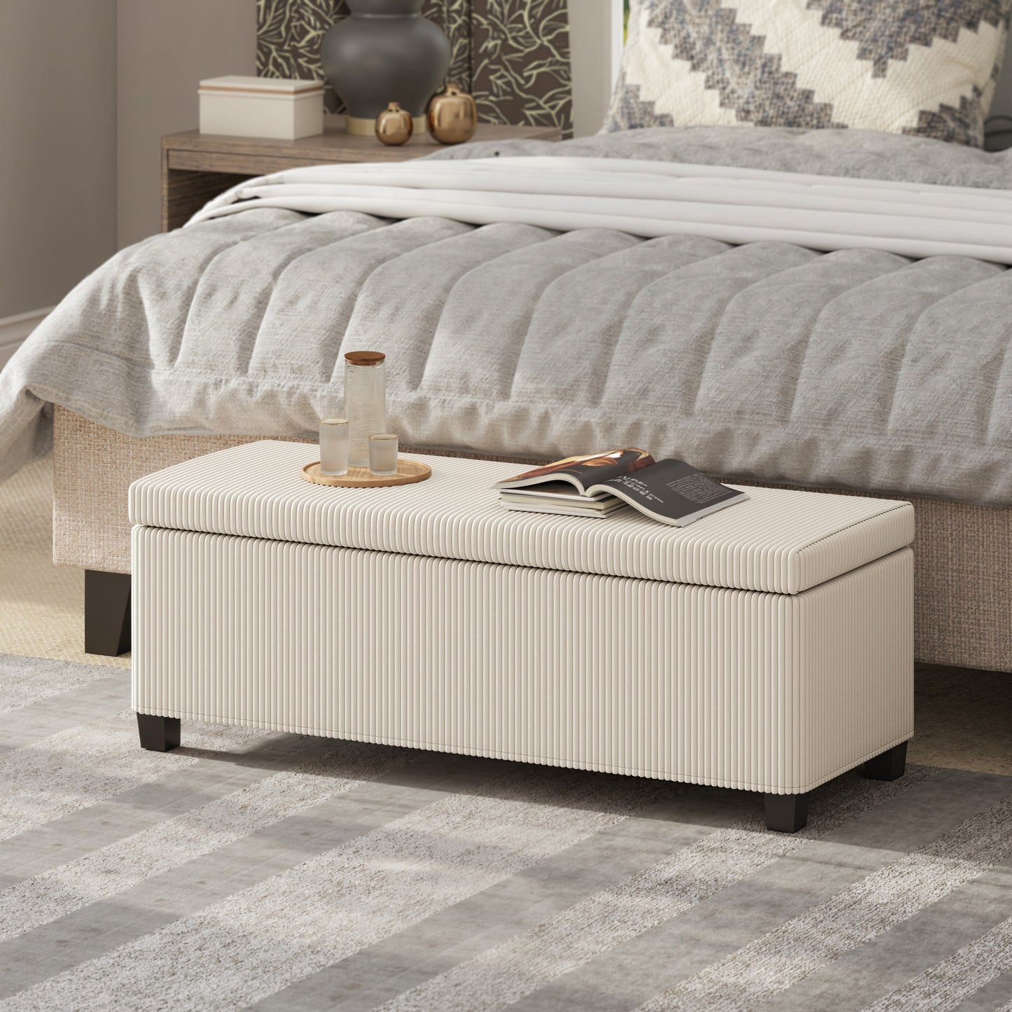 HOMCOM Corduroy Storage Ottoman Bench With Wooden Legs 112cm Bed End Bench Beige For Living Room Bedroom