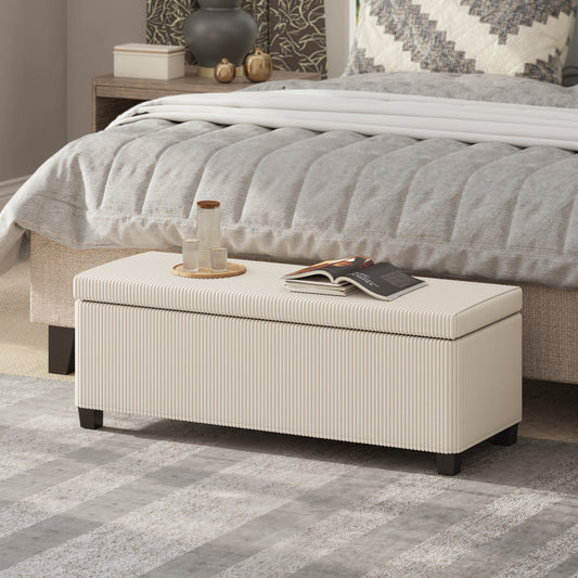 HOMCOM Corduroy Storage Ottoman Bench With Wooden Legs 112cm Bed End Bench Beige For Living Room Bedroom