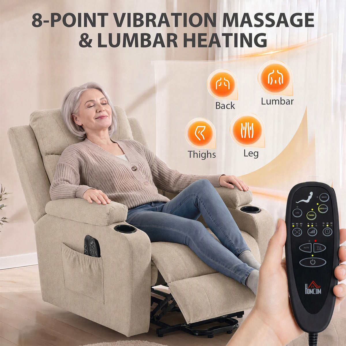 Light beige massage and heat recliner chair with remote control and vibration zone icons