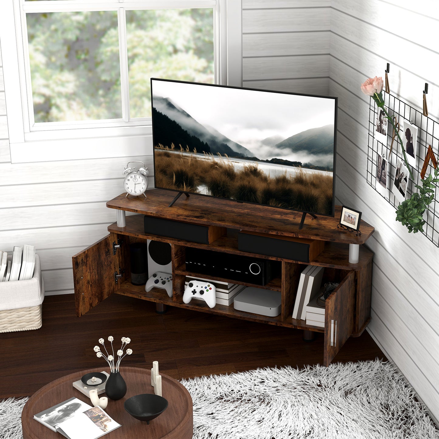 HOMCOM TV Unit Cabinet For TVs Up To 55 Inches With Storage Shelves And Cupboard Rustic Brown Entertainment Centre