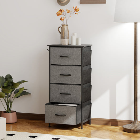 HOMCOM Four-Drawer Fabric Chest Of Drawers In Charcoal Grey With Steel X-Frame And Side Pockets