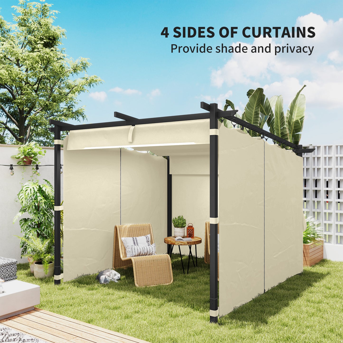 Outsunny 3 x 3 m Retractable Roof Pergola With Curtains Beige Outdoor Garden Patio Shade