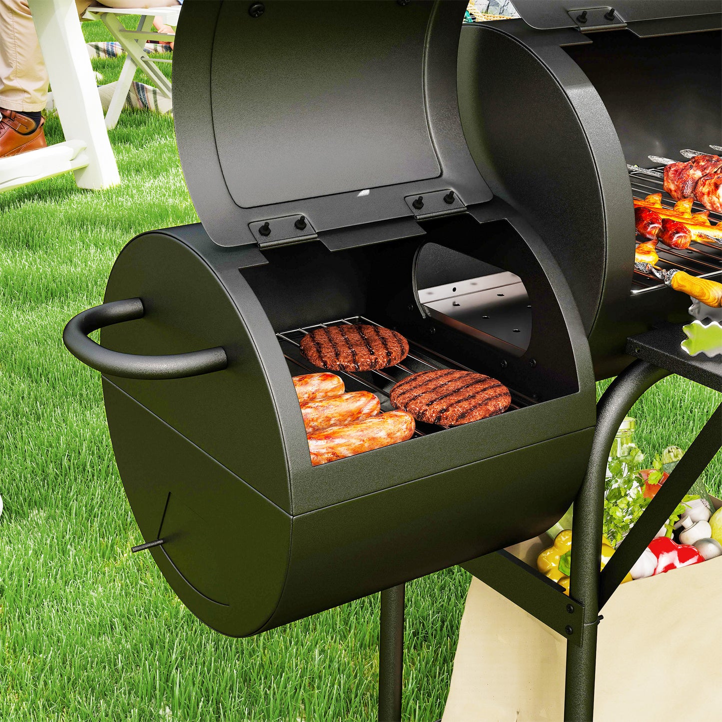 Outsunny Portable Charcoal Barbecue Grill With Offset Smoker 109 By 60 By 120 Cm Black Outdoor