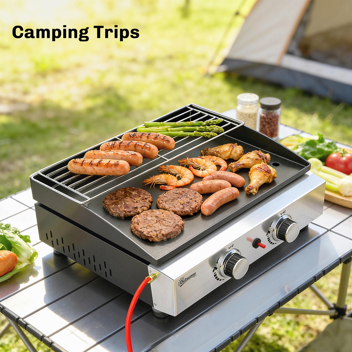 Outsunny Two Burner Grill Griddle Portable Gas Plancha With Warming Rack 5 Kilowatt Tabletop Gas BBQ Grease Cup Black
