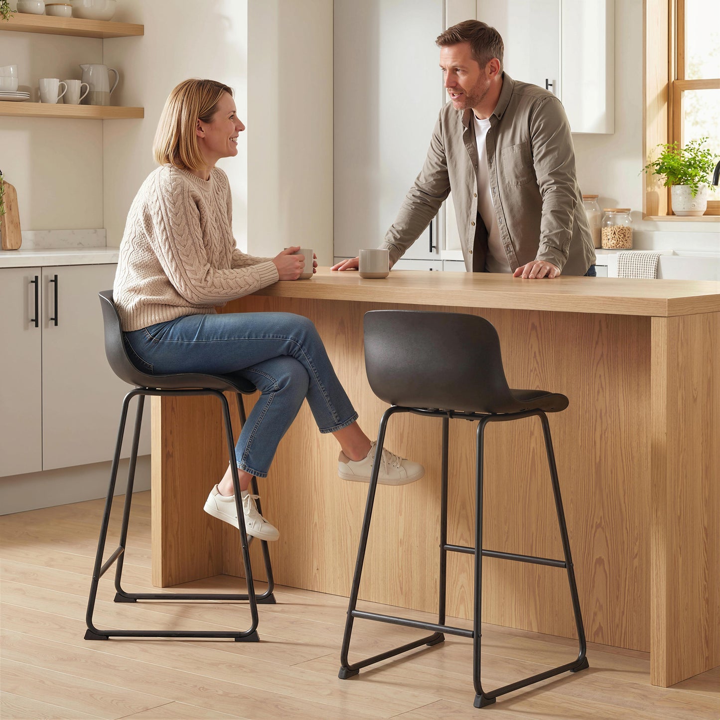 HOMCOM Modern Bar Stools Set of 2 PU Leather Counter Height Chairs for Breakfast Bars Dining Room Black