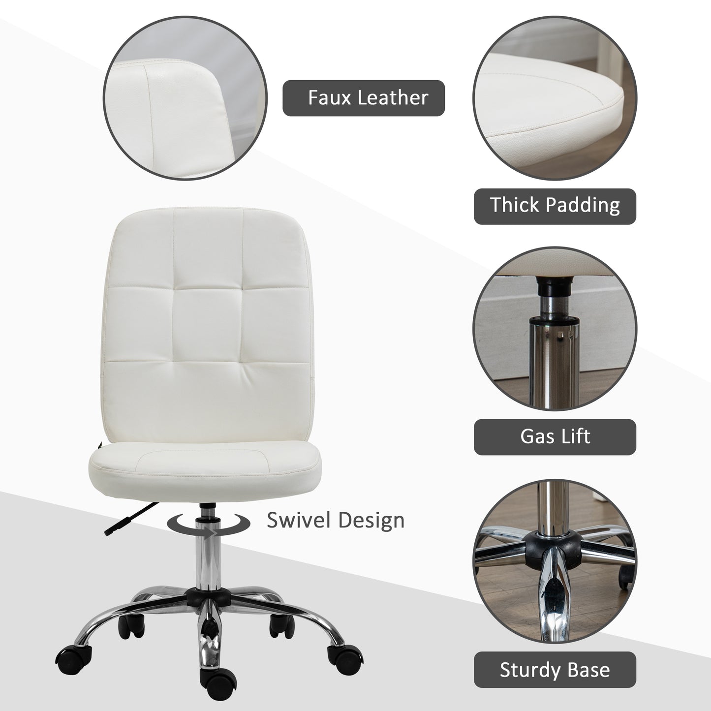 Vinsetto Armless White Faux Leather Office Chair with Adjustable Height and Swivel Wheels - ALL4U RETAILER LTD