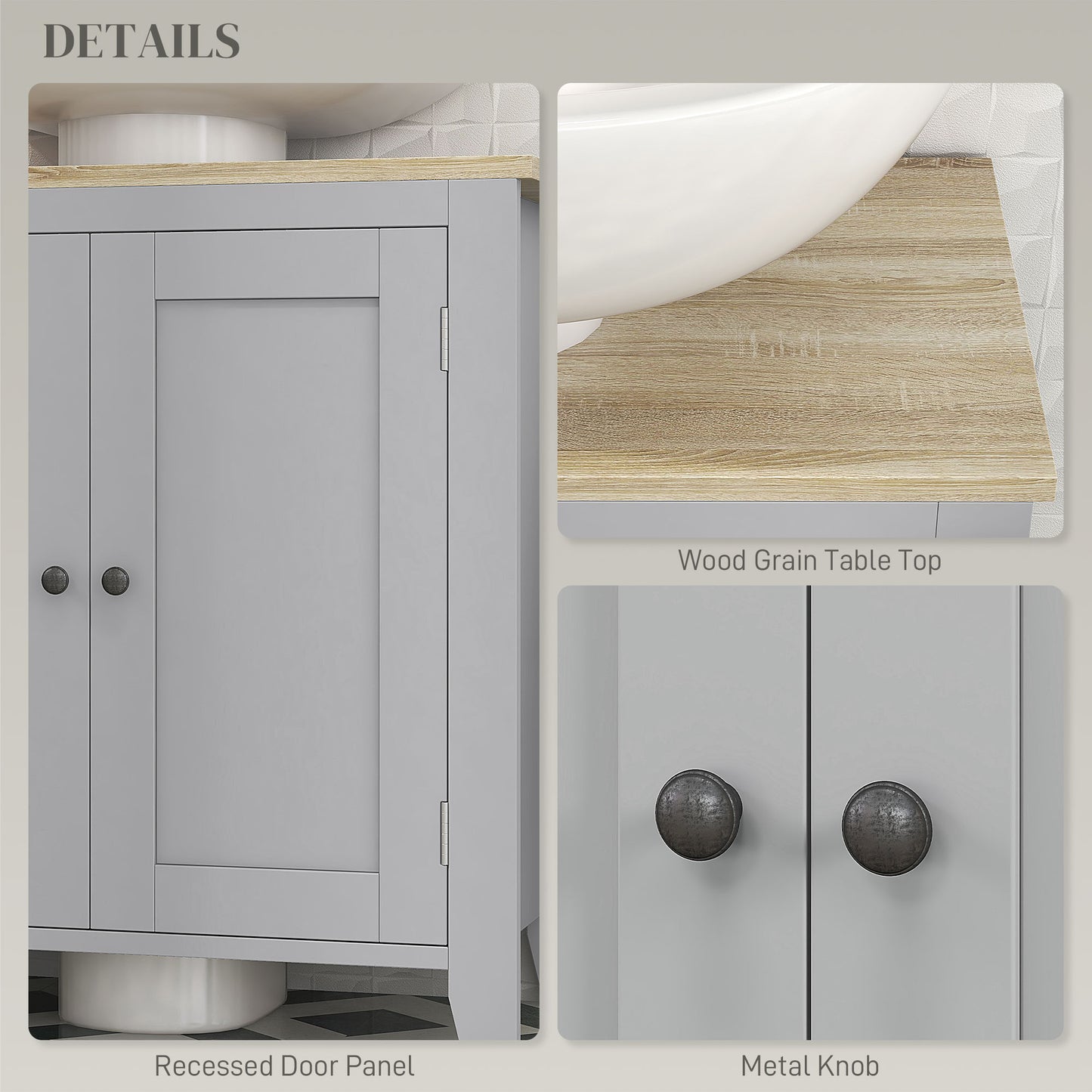 Kleankin Under Sink Cabinet With Two Doors Pedestal Design Freestanding Bathroom Cupboard Grey Adjustable Shelf