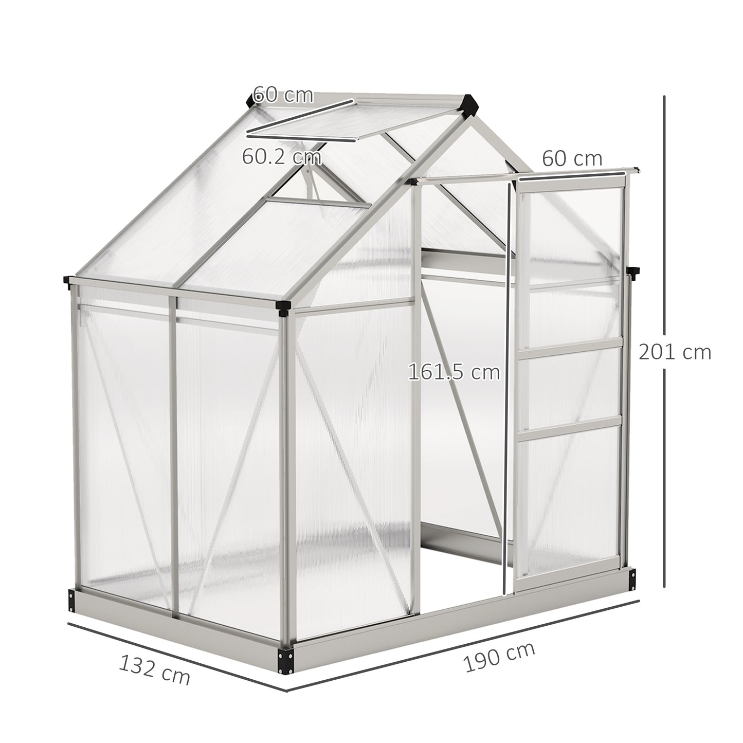 Outsunny Large Polycarbonate Greenhouse Walk In With Slide Door And Window Aluminium Frame 6x4ft Silver Tone