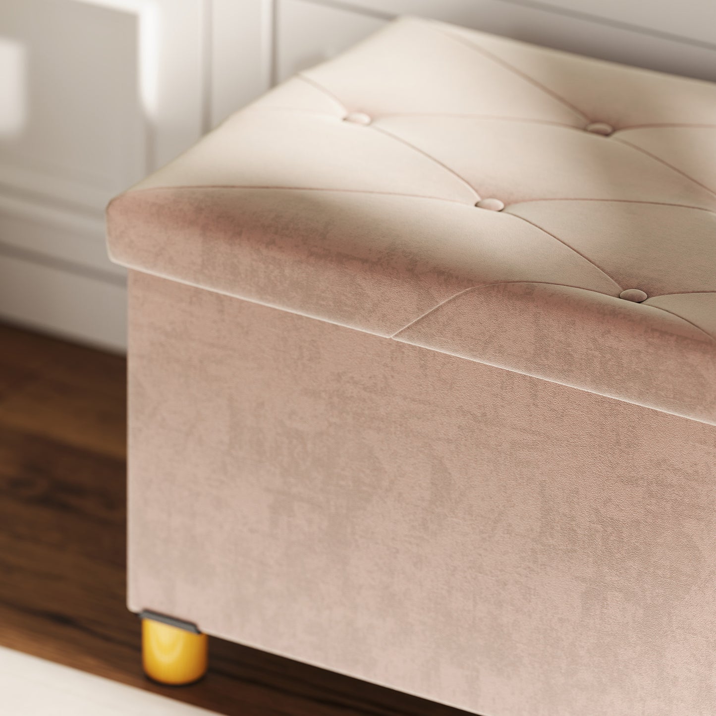 HOMCOM Velvet Upholstered Foldable Storage Ottoman Bench With Wood Legs Pink For Living Room Footrest And Seat