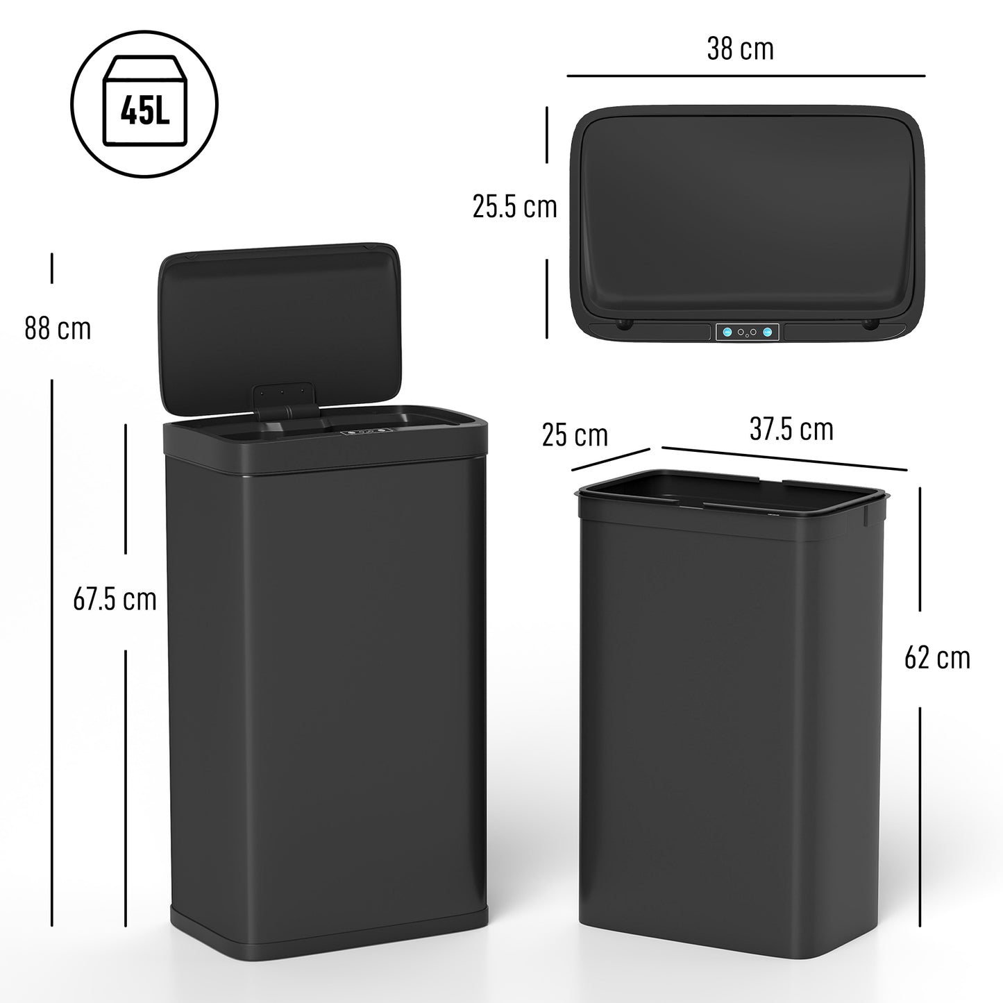HOMCOM 45L Kitchen Sensor Bin Black Touchless Motion Sensor Lid Auto Open And Quiet Close With Removable Inner Bucket