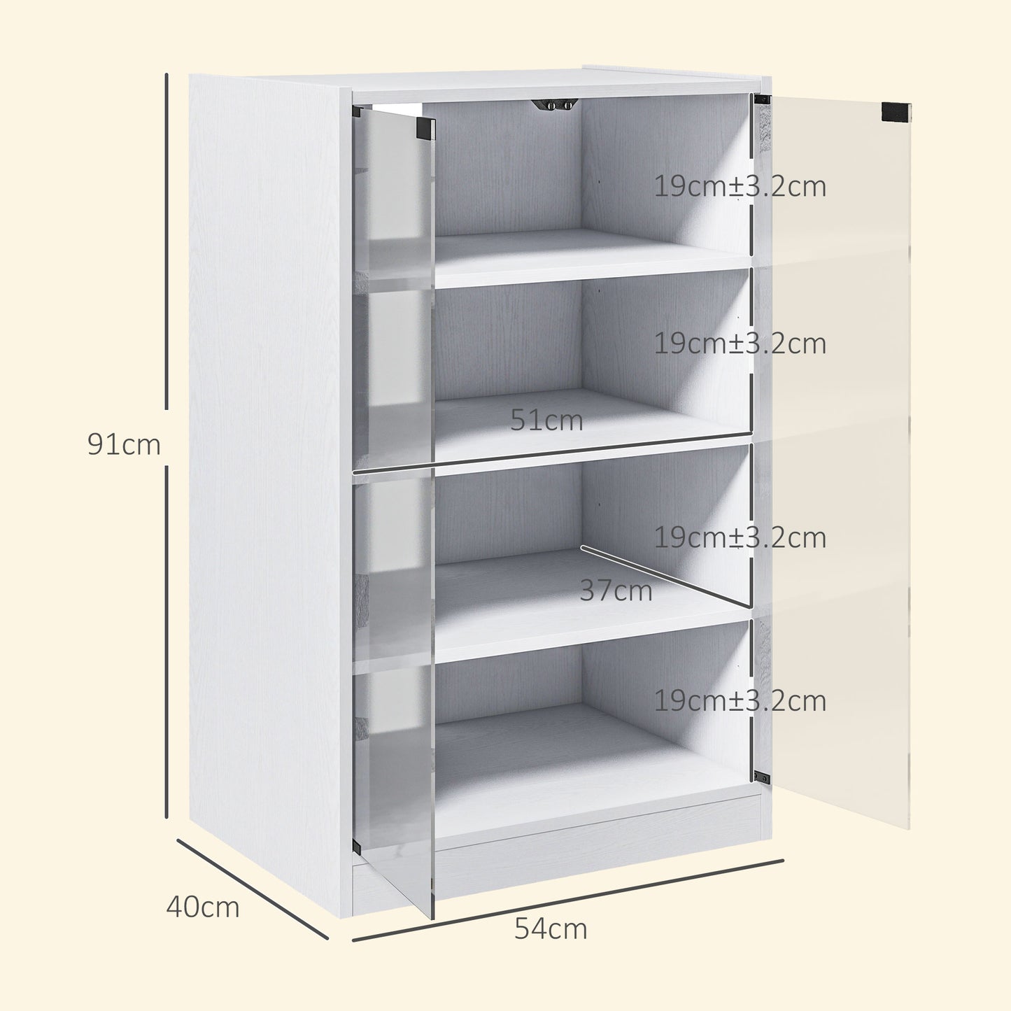 HOMCOM Four Tier Hi Fi Stand Record Player Stand With Adjustable Shelves And Push To Open Glass Doors White Wood Effect