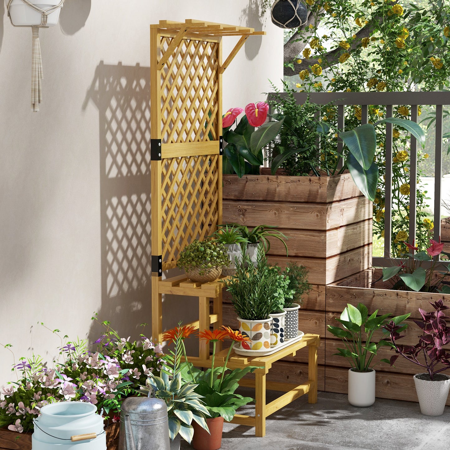 Outsunny Wooden Plant Stand With Trellis Natural Finish Three Part Design For Plants Flowers Vines