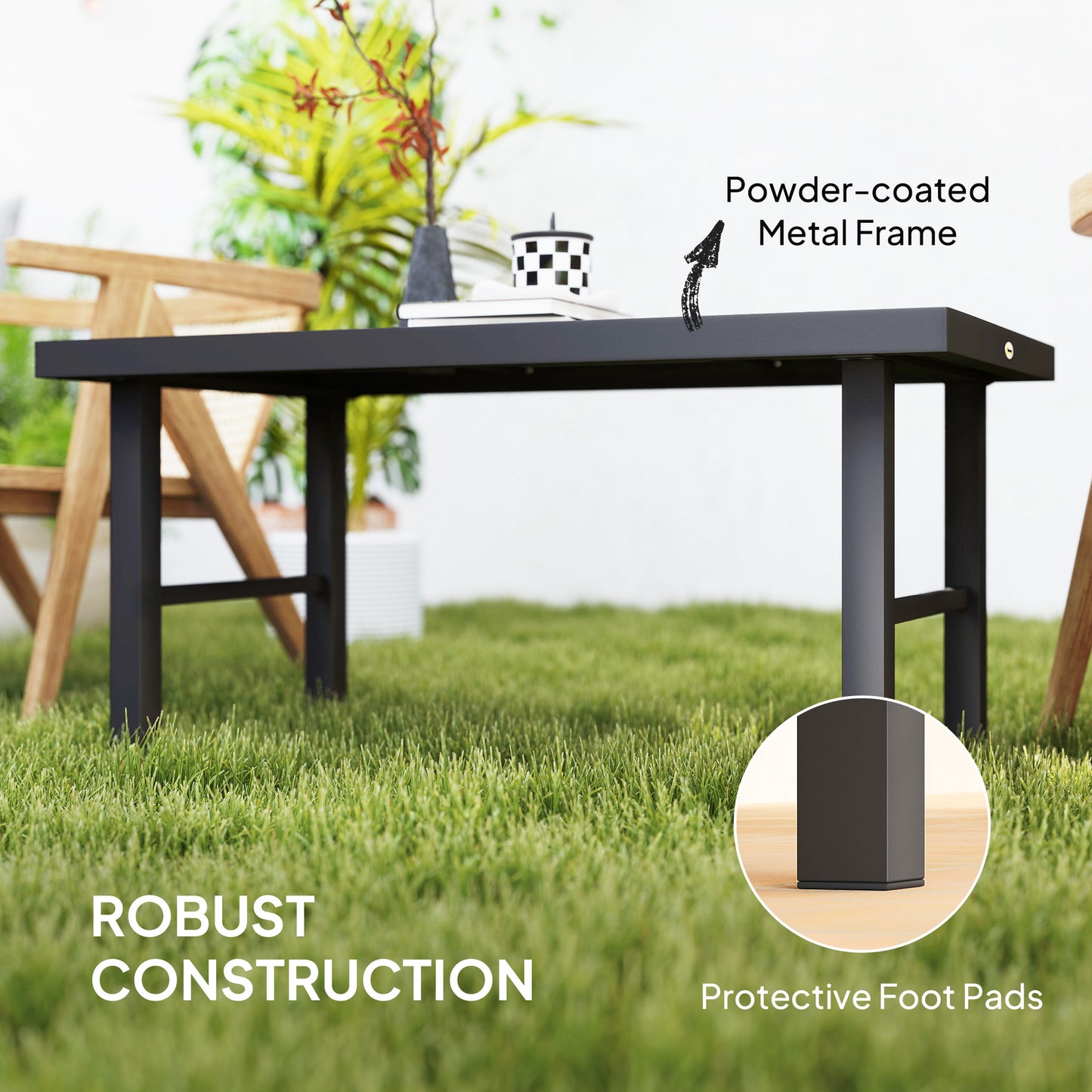Outsunny Metal Garden Coffee Table With SPC Woodgrain Tabletop For Outdoor Garden Balcony Porch 100 X 53 X 46 cm Grey