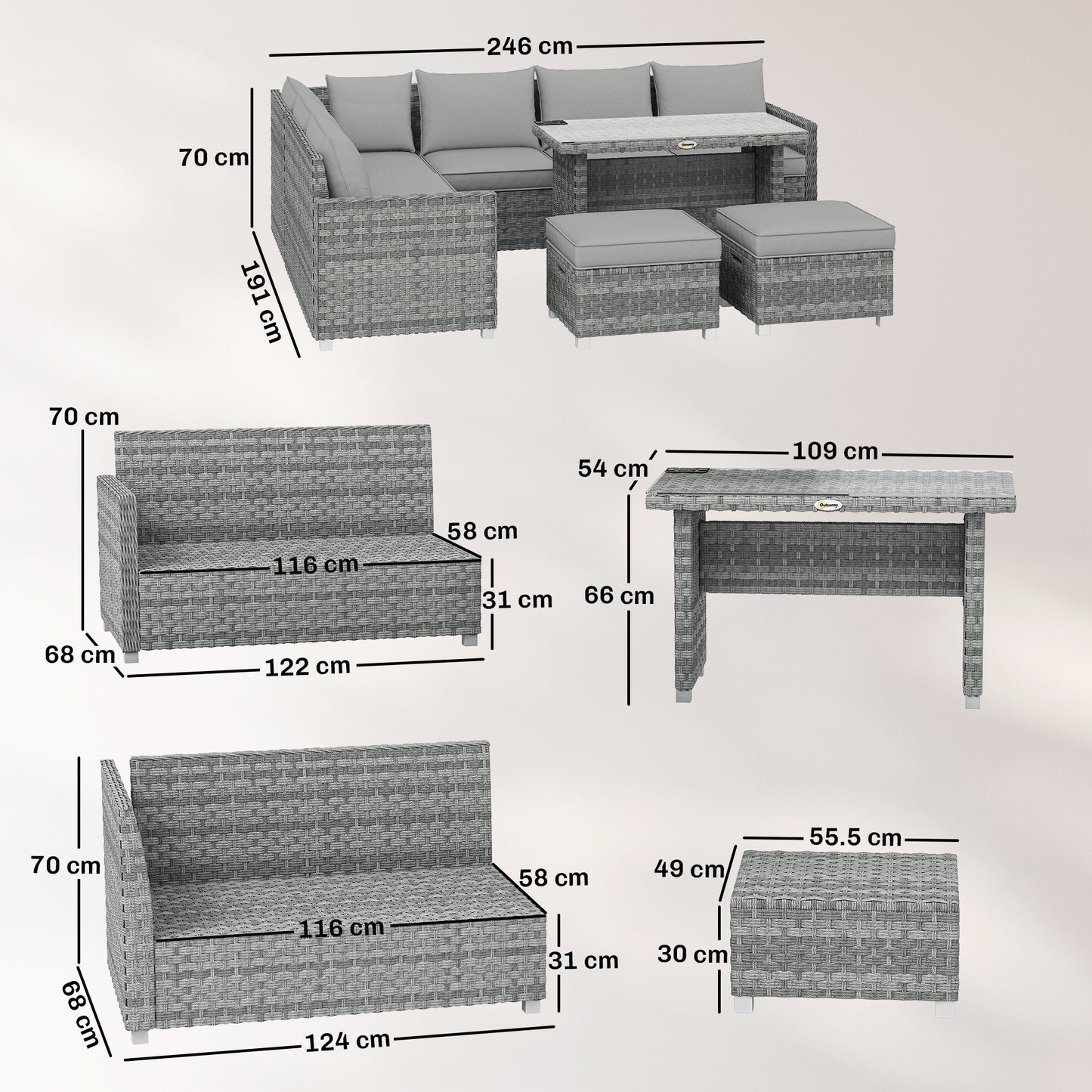 Outsunny 6 Seater L Shaped Rattan Garden Furniture Set With 3 Sofas 2 Footstools And Dining Table Grey