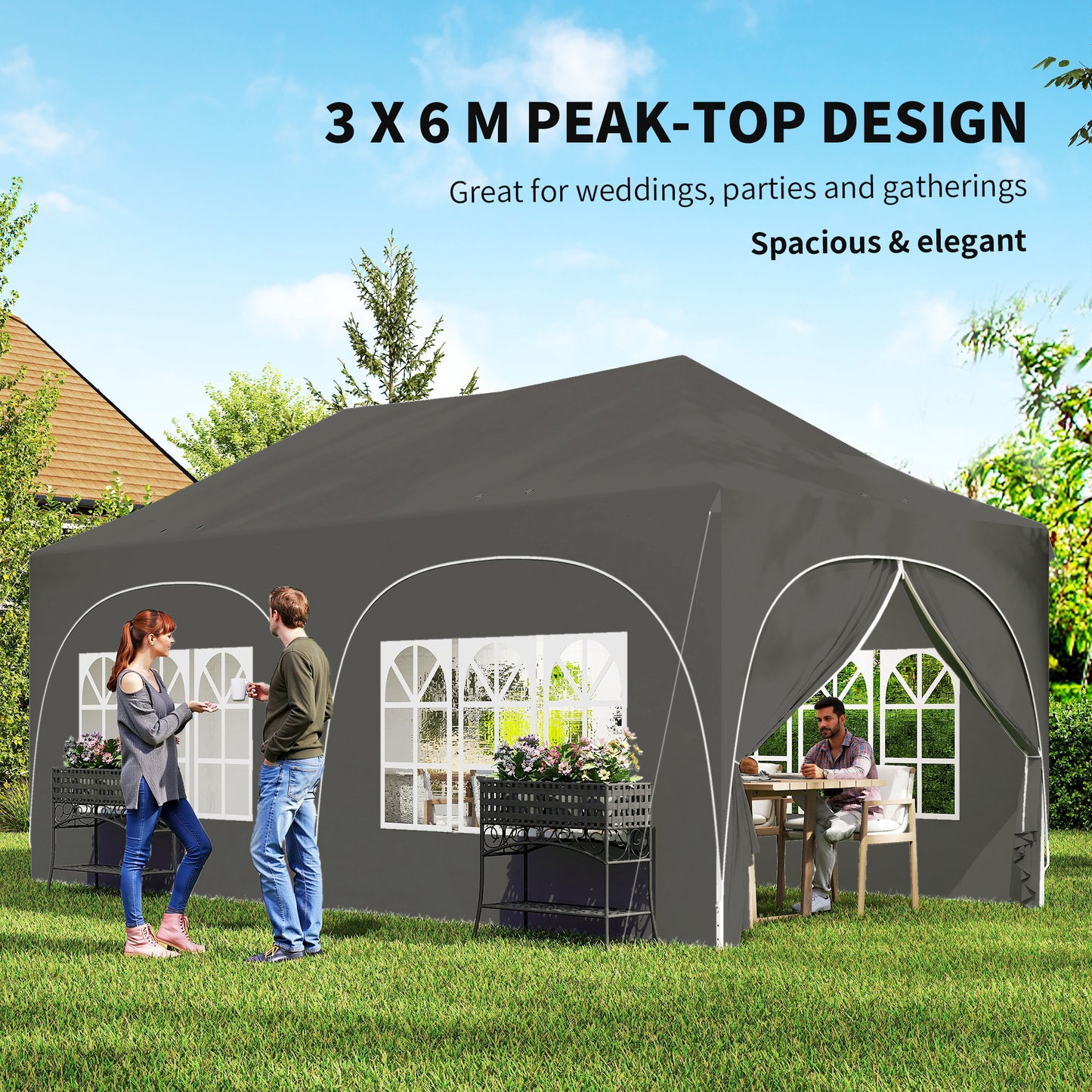 Outsunny 3x6m Pop Up Gazebo Shelter With Sides 6 Sandbags Peak Top Garden Party Tent Marquee Carry Bag Dark Grey
