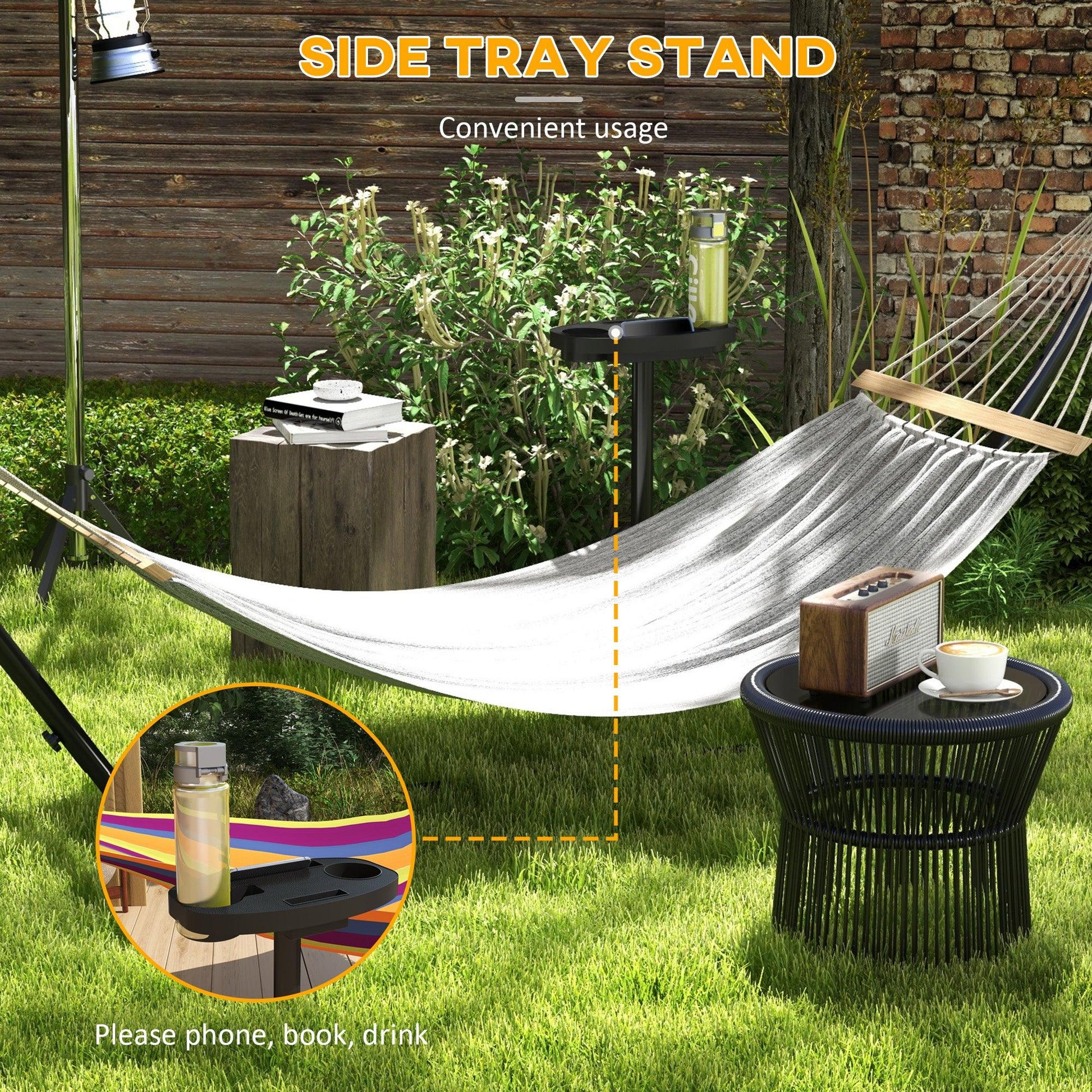 Outsunny Hammock Stand with Side Tray, Steel Frame Hammock Stand, Black - ALL4U RETAILER LTD