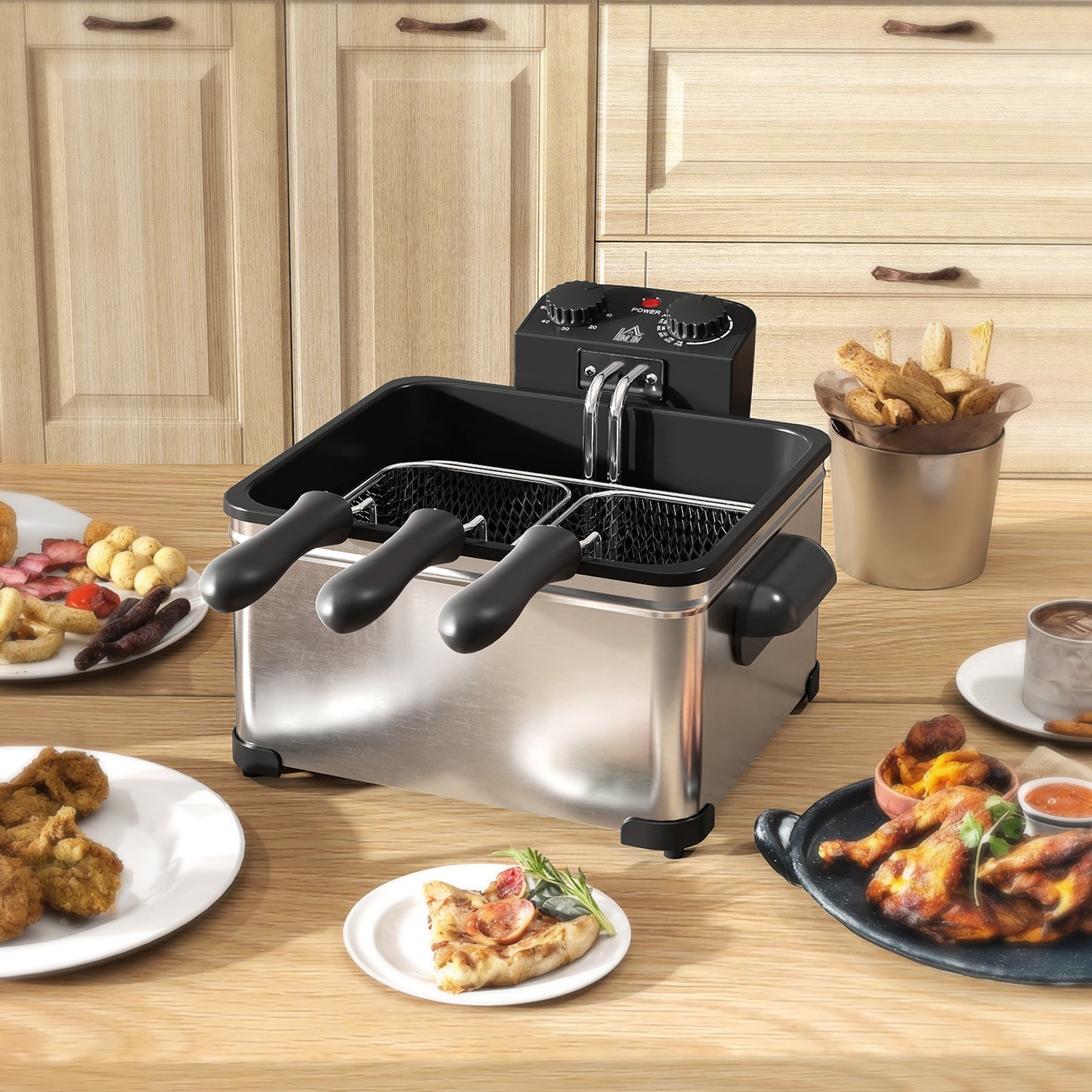 HOMCOM 5 Litre Stainless Steel Deep Fryer 2000W With Adjustable Temperature 150-190 C And 60 Min Timer Viewing Window