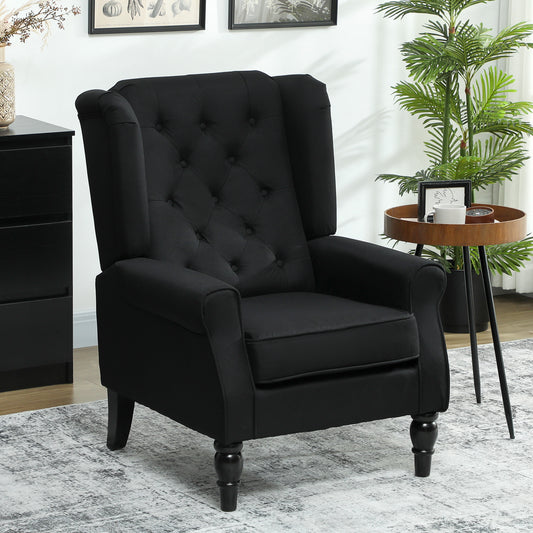 HOMCOM Retro Accent Chair Linen Wingback Armchair With Wood Frame Button Tufted Back For Living Room Bedroom Black
