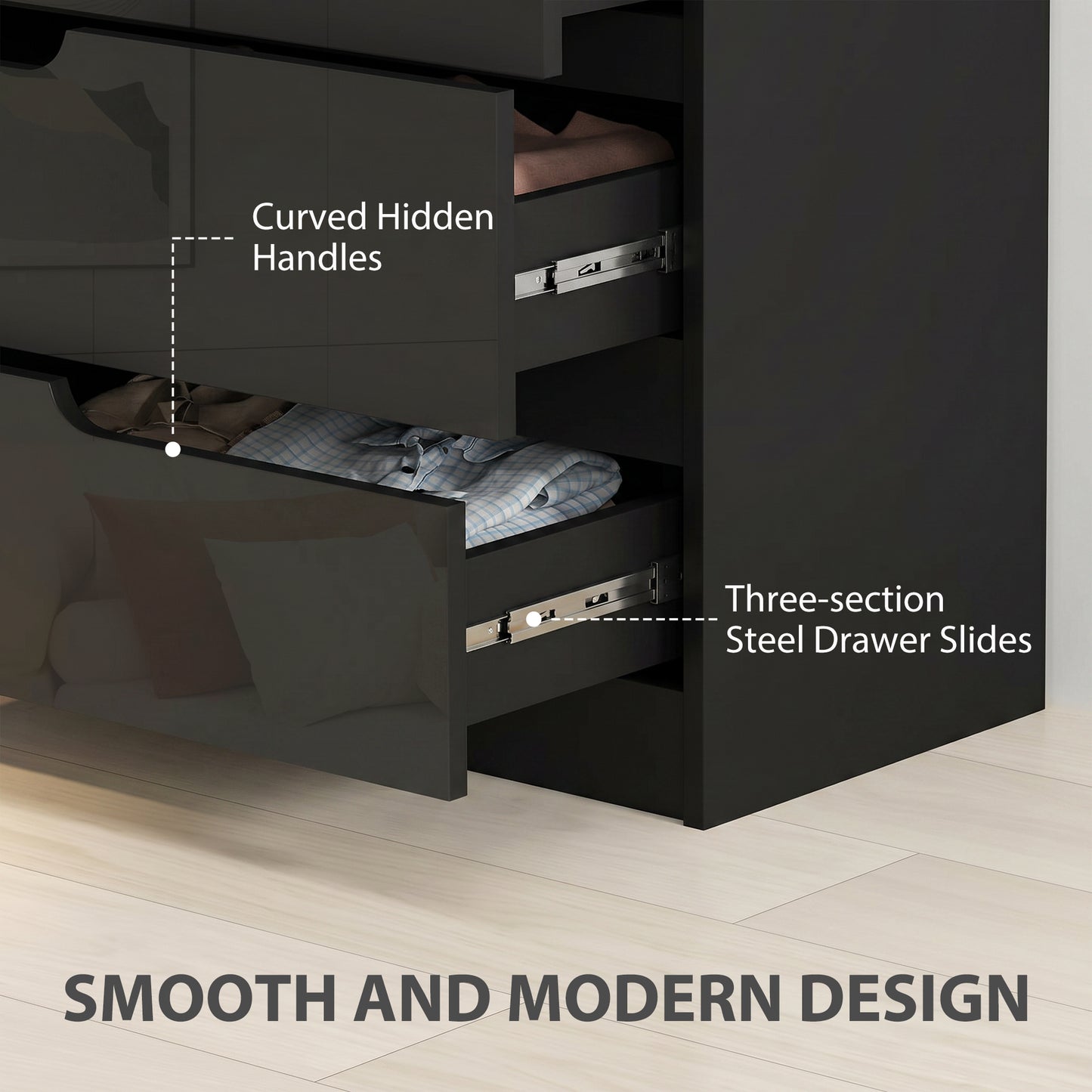 HOMCOM Four Drawer Chest With High Gloss Front Drawers In Black For Modern Bedroom Storage
