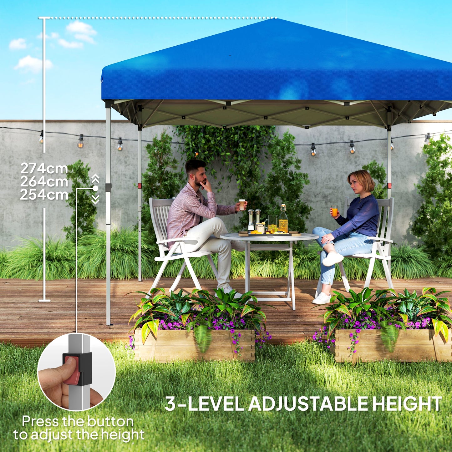 Outsunny 3x3m Pop Up Gazebo With 2 Sidewalls UPF 30 Plus Height Adjustable Party Tent For Garden Patio Blue