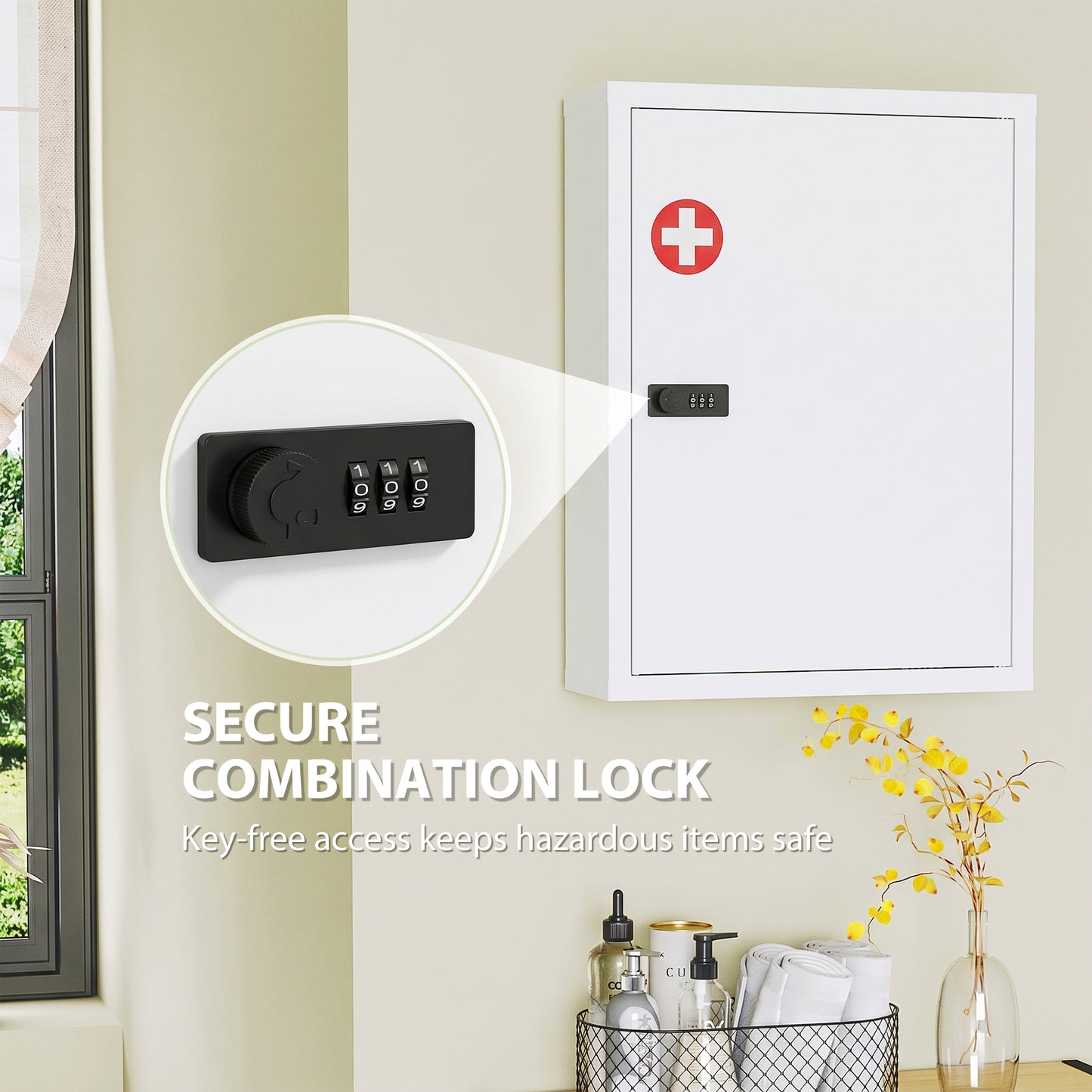 HOMCOM Wall Mount Medicine Cabinet With Combination Lock And Three Tier Storage White