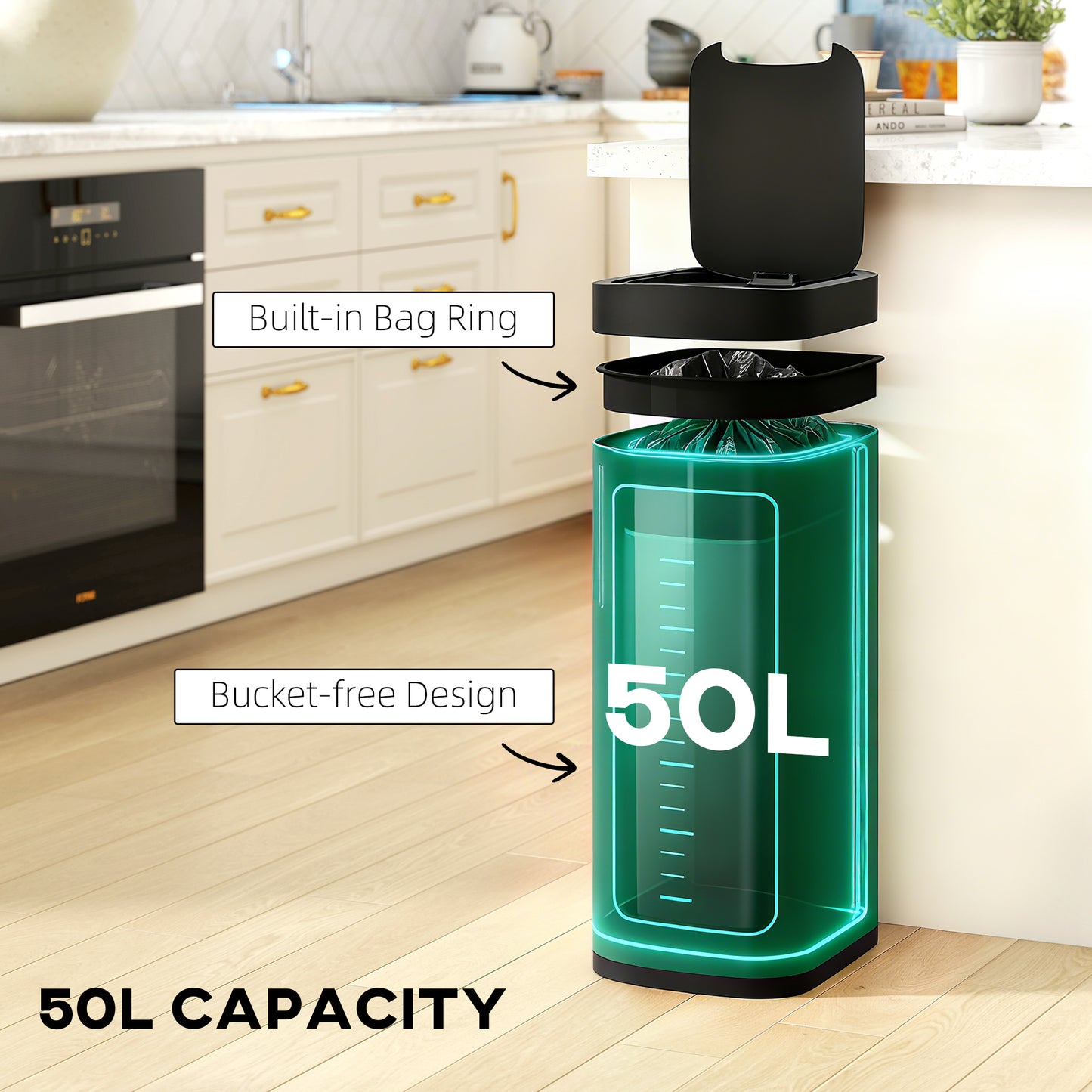 Homcom 50L Sensor Bin Automatic Kitchen Bin With Manual Override Battery Operated Handsfree Lid Inner Bucket Free Design