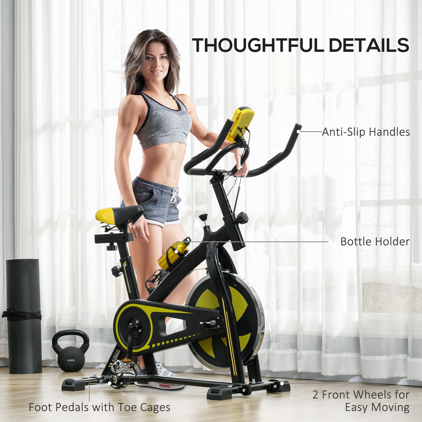 SPORTNOW Indoor Cycling Bike with Adjustable Features for Home Workouts - Yellow - ALL4U RETAILER LTD