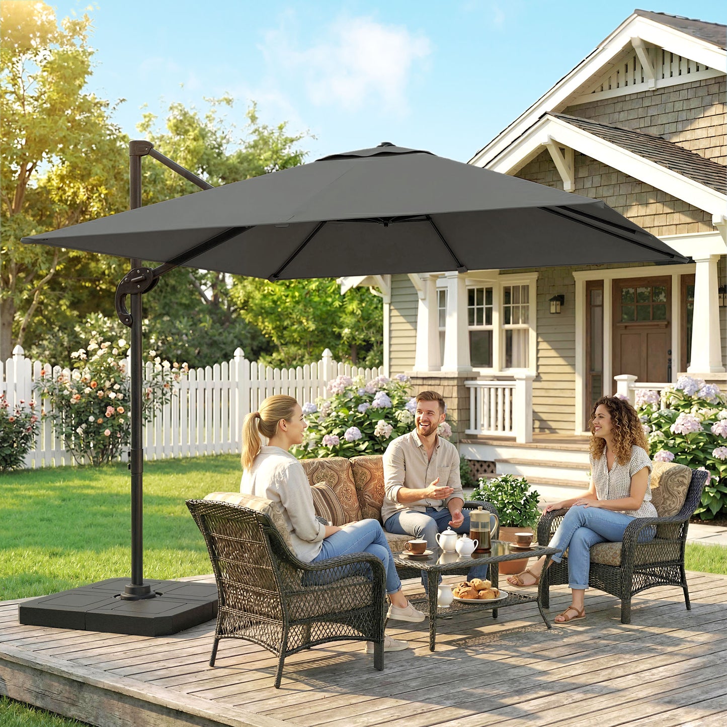 Outsunny 2.4 x 2.4m Cantilever Parasol With Weights UPF50+ Offset Outdoor Umbrella Easy Tilt Adjustment Dark Grey