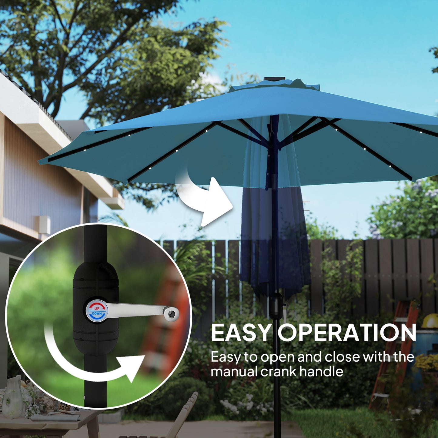 Outsunny 2.7m LED Light Parasol Umbrella Blue With 24 Solar Powered LEDs For Nighttime Ambience