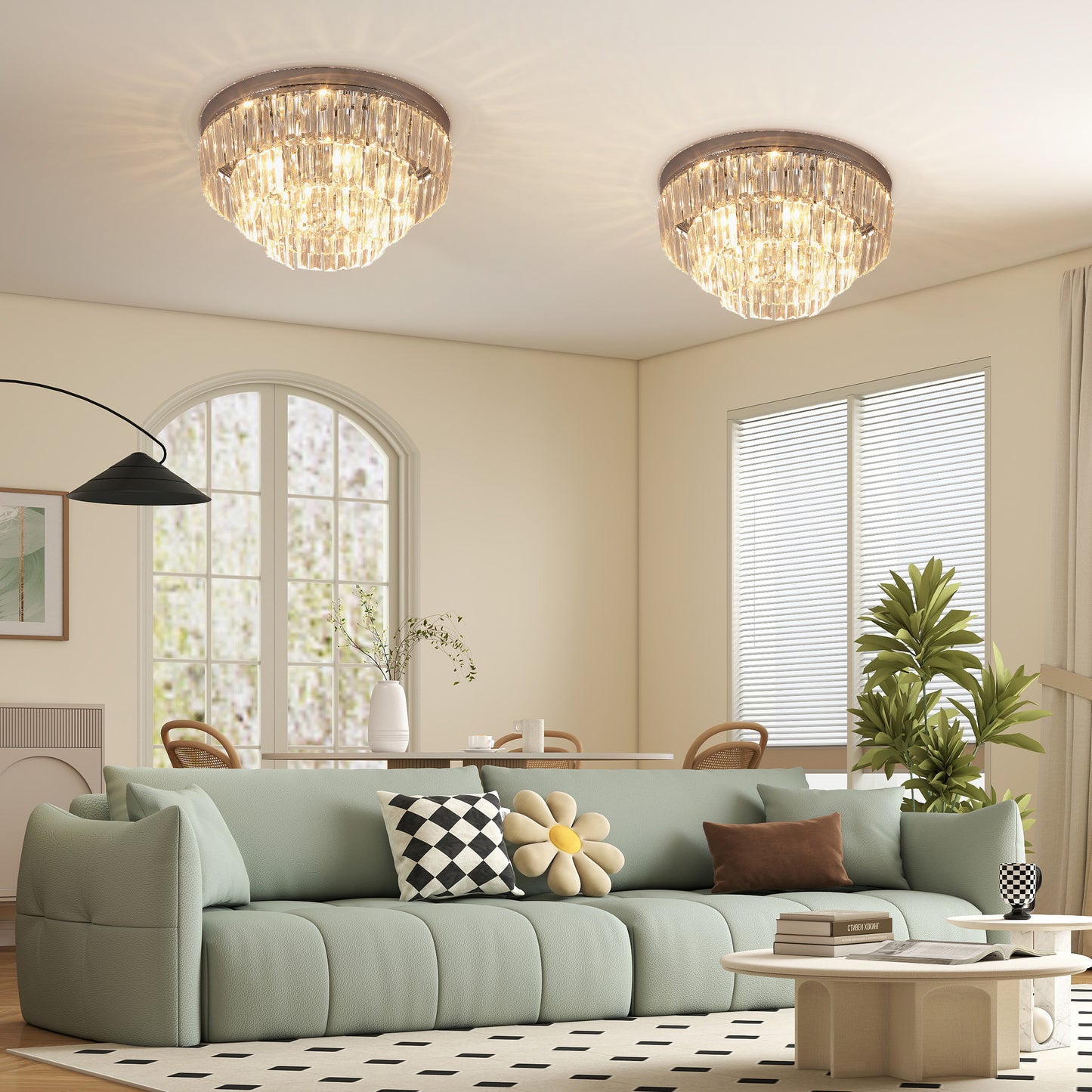 HOMCOM 2 Pack Crystal Ceiling Lights Chandeliers Pendant Lamps 7 Lights E14 Fittings for Living Room Bedroom Silver