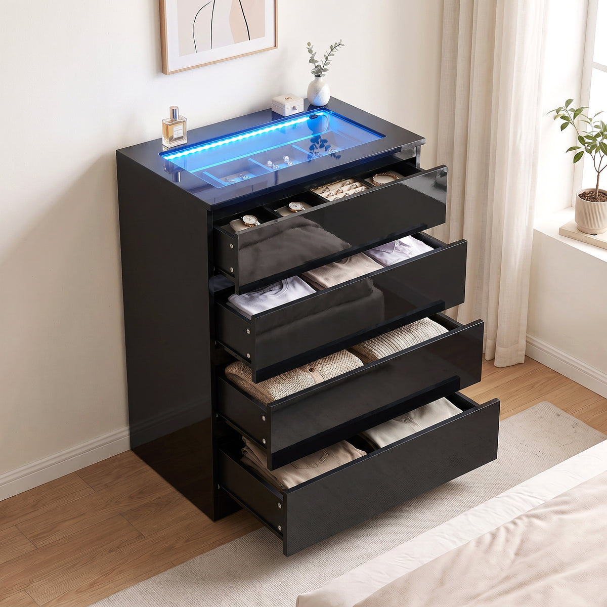 Homcom High Gloss Dresser With Tempered Glass Top And Rgb Led Lights Black