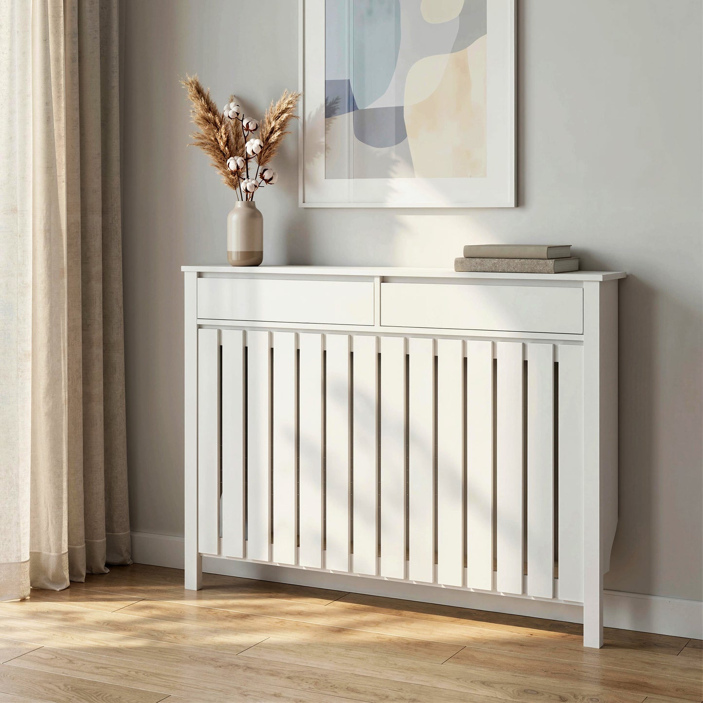 HOMCOM 93 By 119 Cm Rustic Look White Radiator Cover With MDF Construction And Vertical Slats For Safe Heat Flow