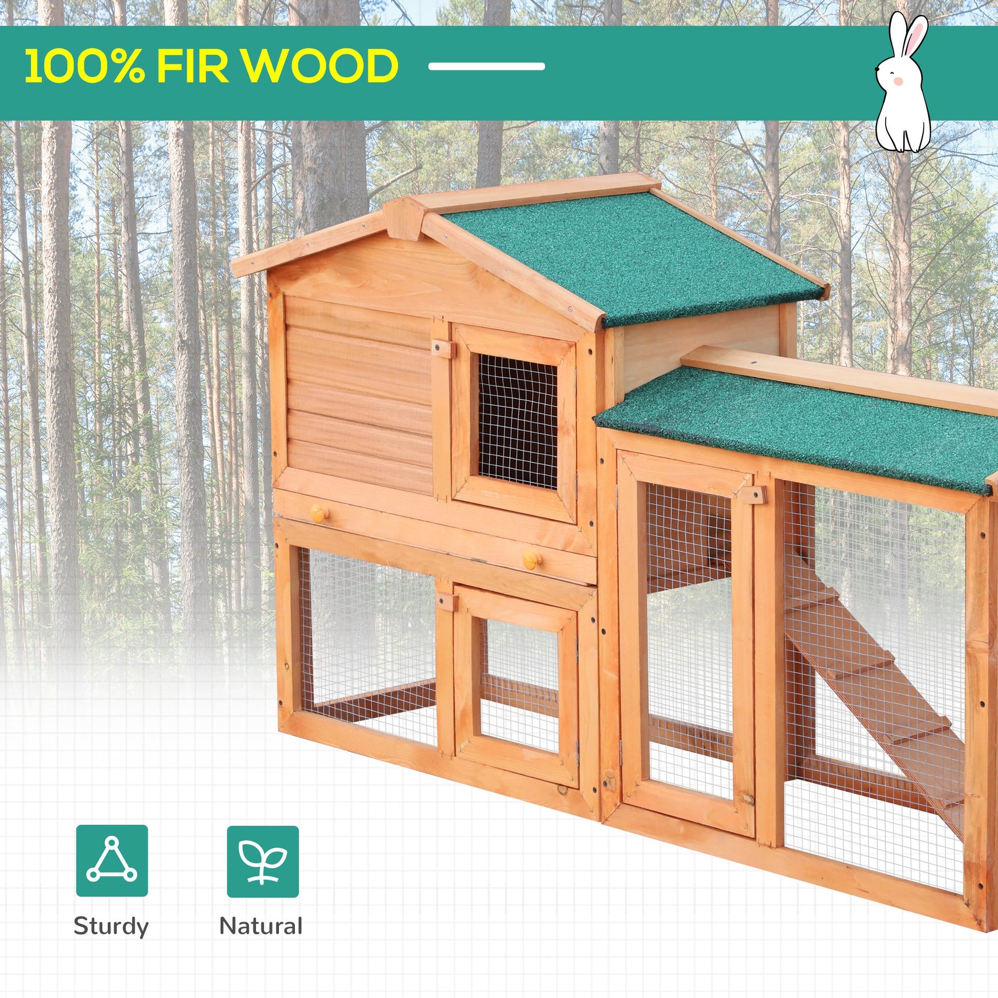 PawHut 2-Story Fir Wood Rabbit Hutch with Ramp and Outdoor Run - Brown - ALL4U RETAILER LTD