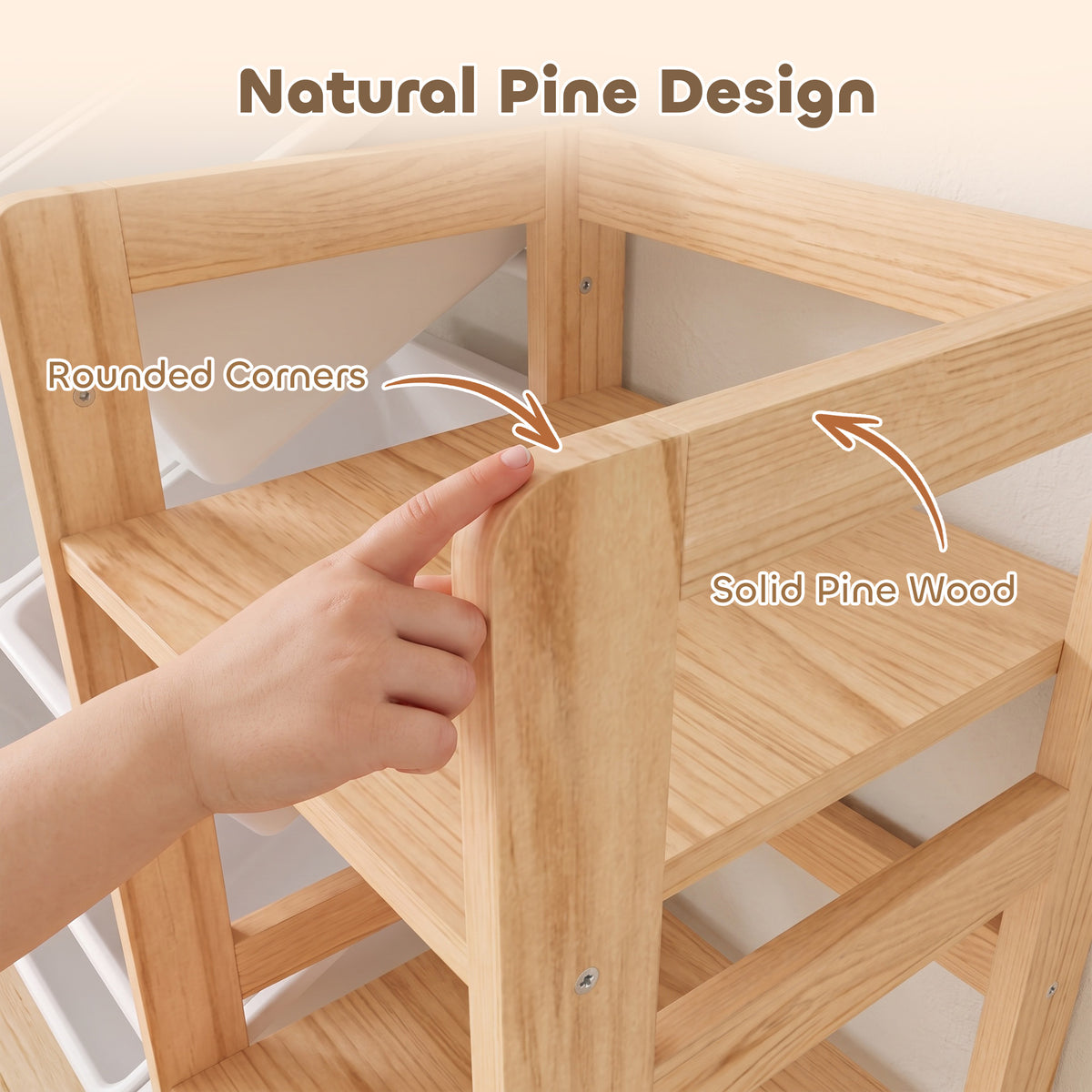 AIYAPLAY natural pine toy organizer with solid wood frame and rounded corners