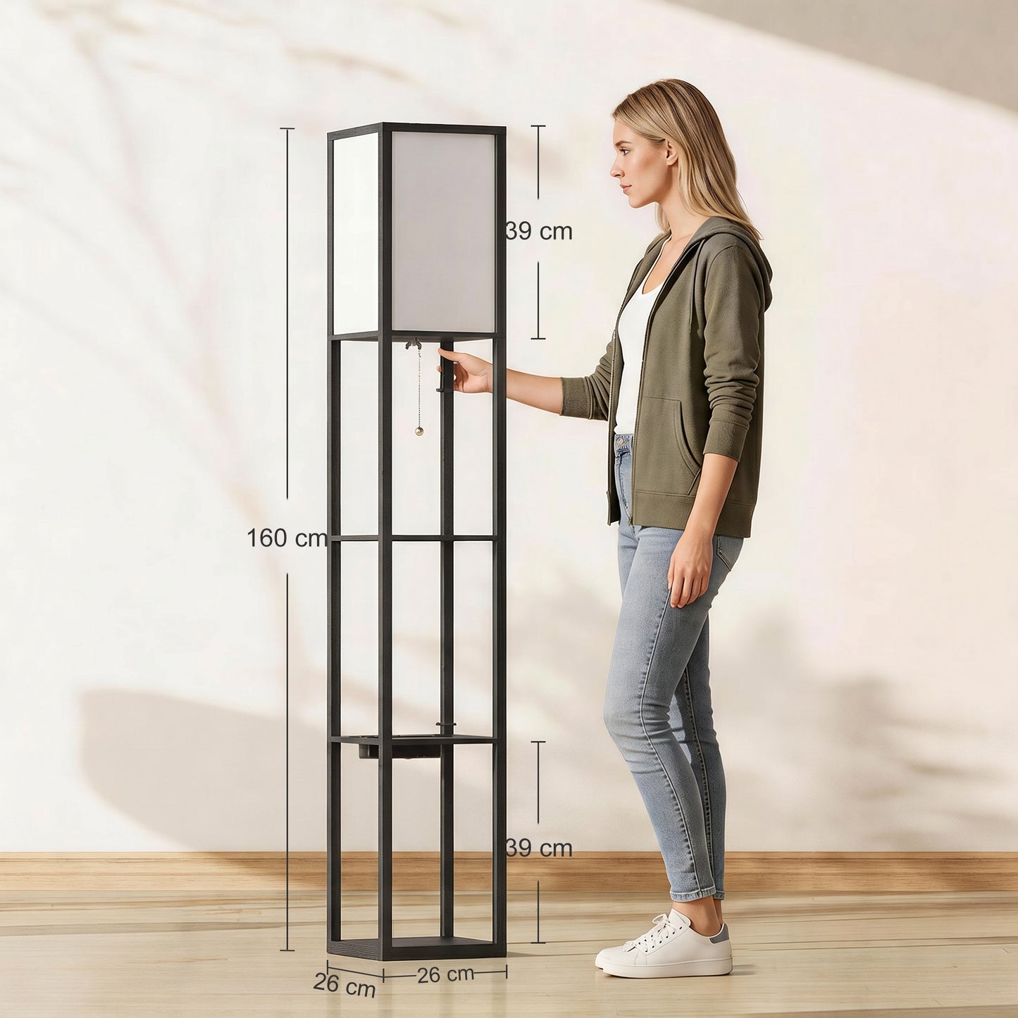 HOMCOM Three Tier Floor Lamp With Shelves For Living Room Bedroom Office Black Finish