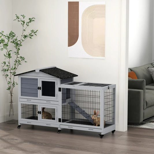 PawHut Portable Rabbit Cage & Hutch with Run, Wheels, Slide-Out Trays, Ramp, Openable Top - Ideal for Indoor & Outdoor Use, Grey