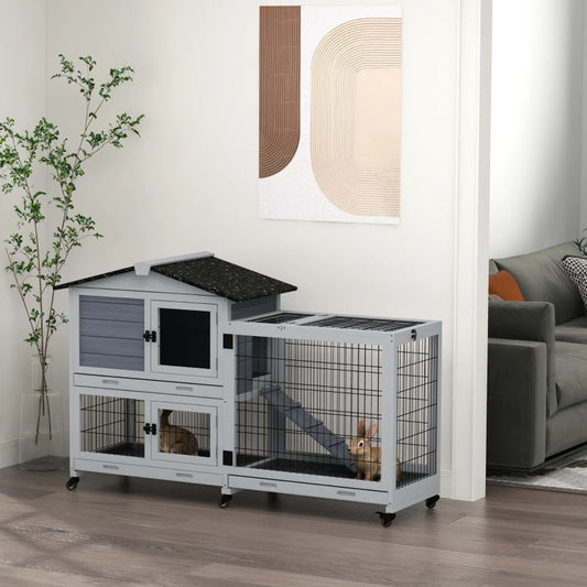 PawHut Portable Rabbit Cage & Hutch with Run, Wheels, Slide-Out Trays, Ramp, Openable Top - Ideal for Indoor & Outdoor Use, Grey - ALL4U RETAILER LTD