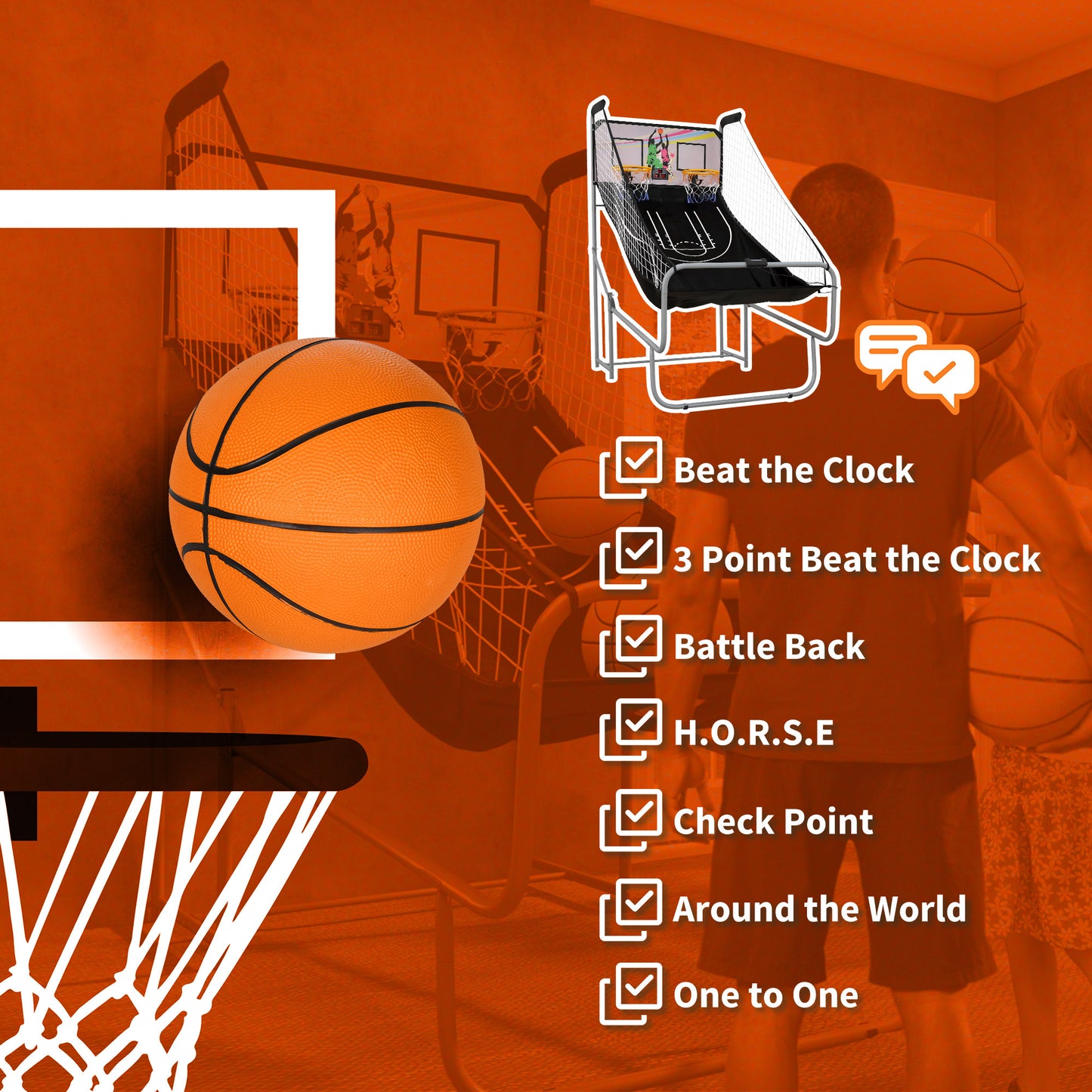 SPORTNOW Compact Double Shot Basketball Arcade Game with 8 Interactive Modes - ALL4U RETAILER LTD