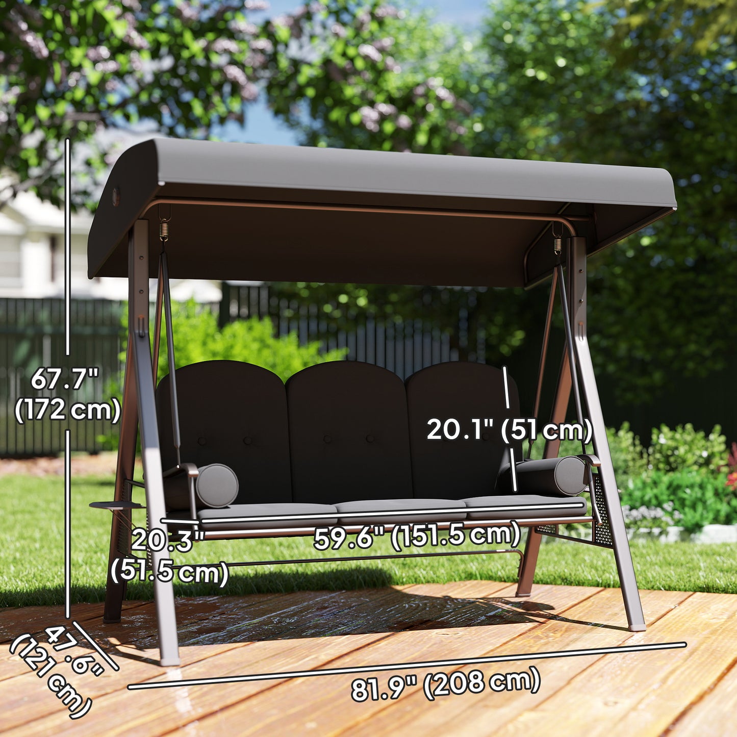 Outsunny Three Seater Garden Swing Chair With Adjustable Canopy Cushions Cup Trays Brown Steel Frame Dark Grey Fabric