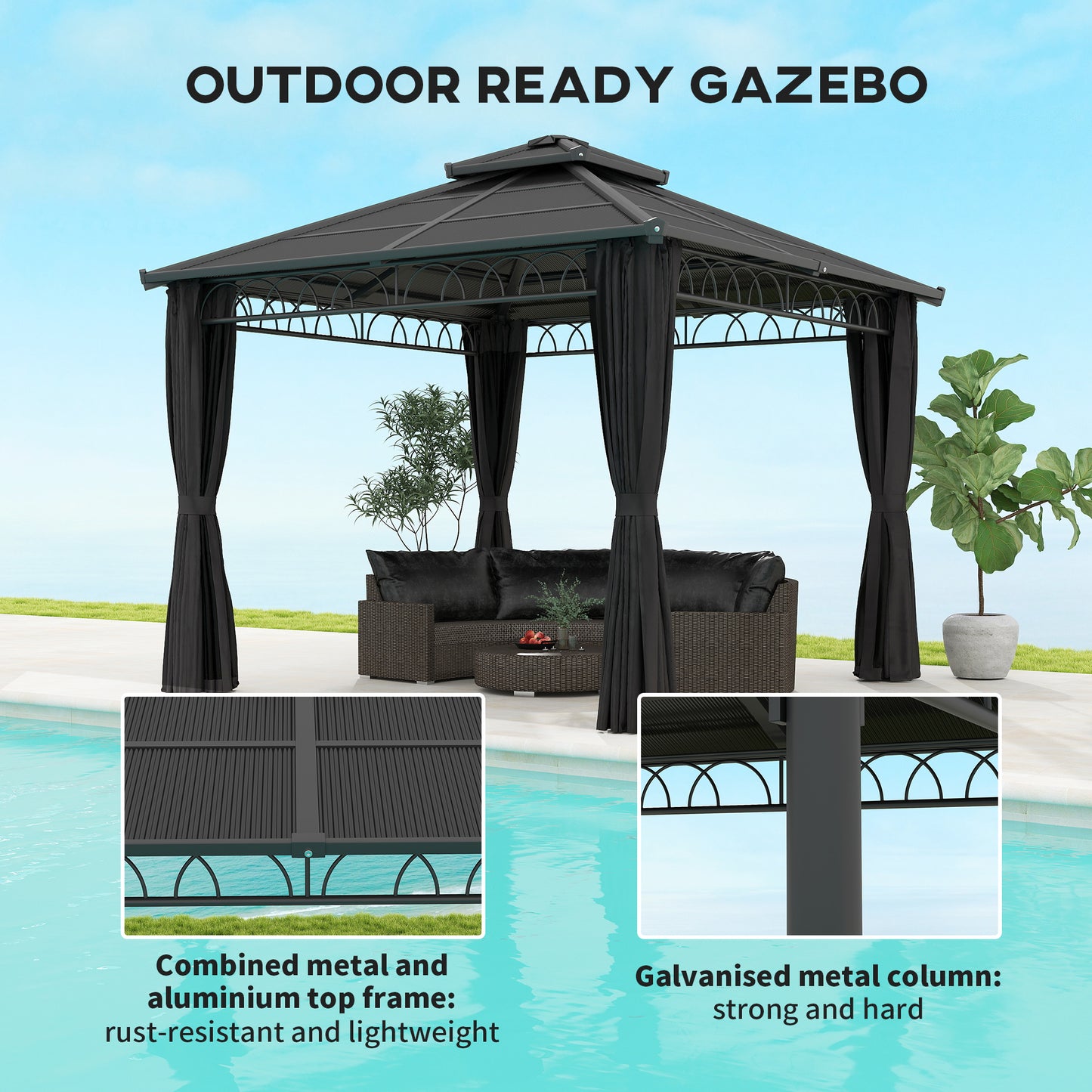 Outsunny 3x3m Outdoor Polycarbonate Gazebo With Double Roof Hard Top Nettings Curtains And Galvanised Steel Frame