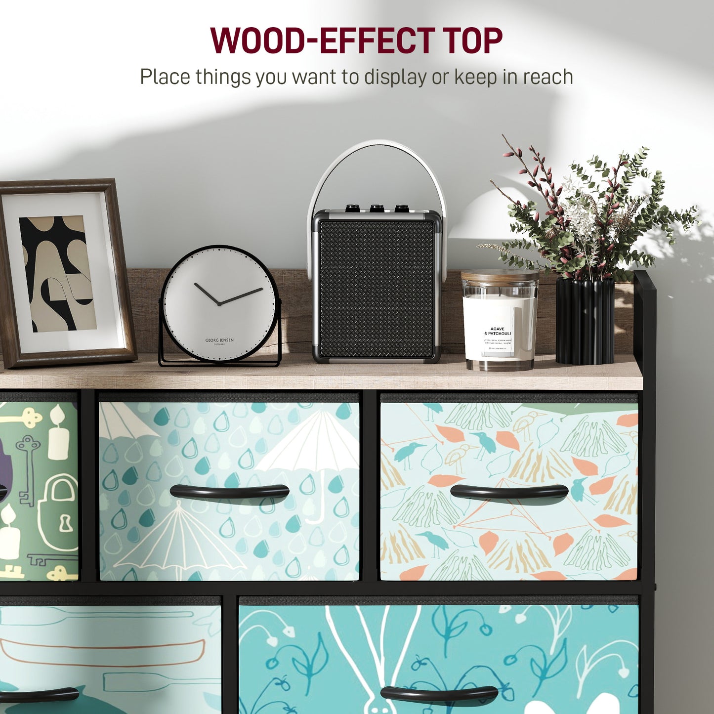 HOMCOM 7 Drawer Chest Of Drawers Blue With Removable Foldable Fabric Drawers And Patterned Panels