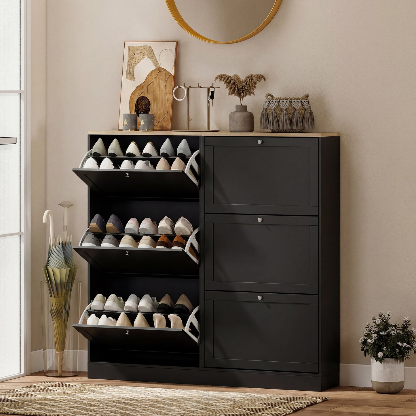 HOMCOM Modern Compact Three Drawer Shoe Storage Cabinet Black With Adjustable Shelves